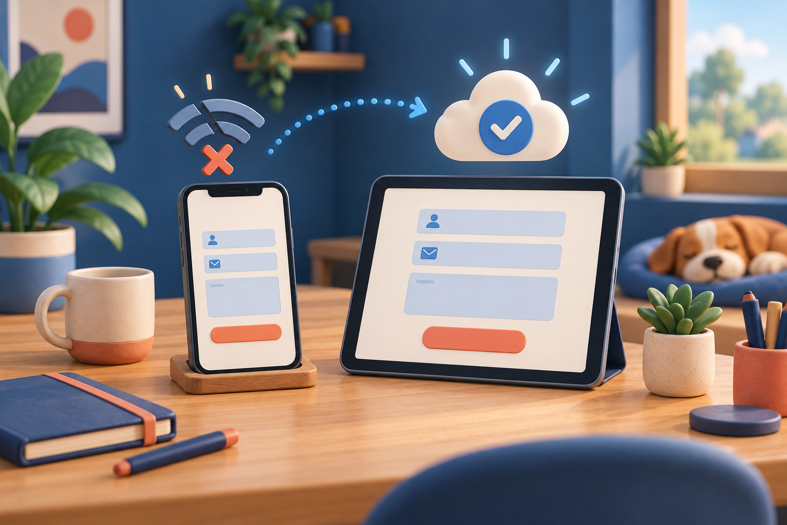 Illustration of a phone and tablet holding form entries that sync to the cloud once connection returns
