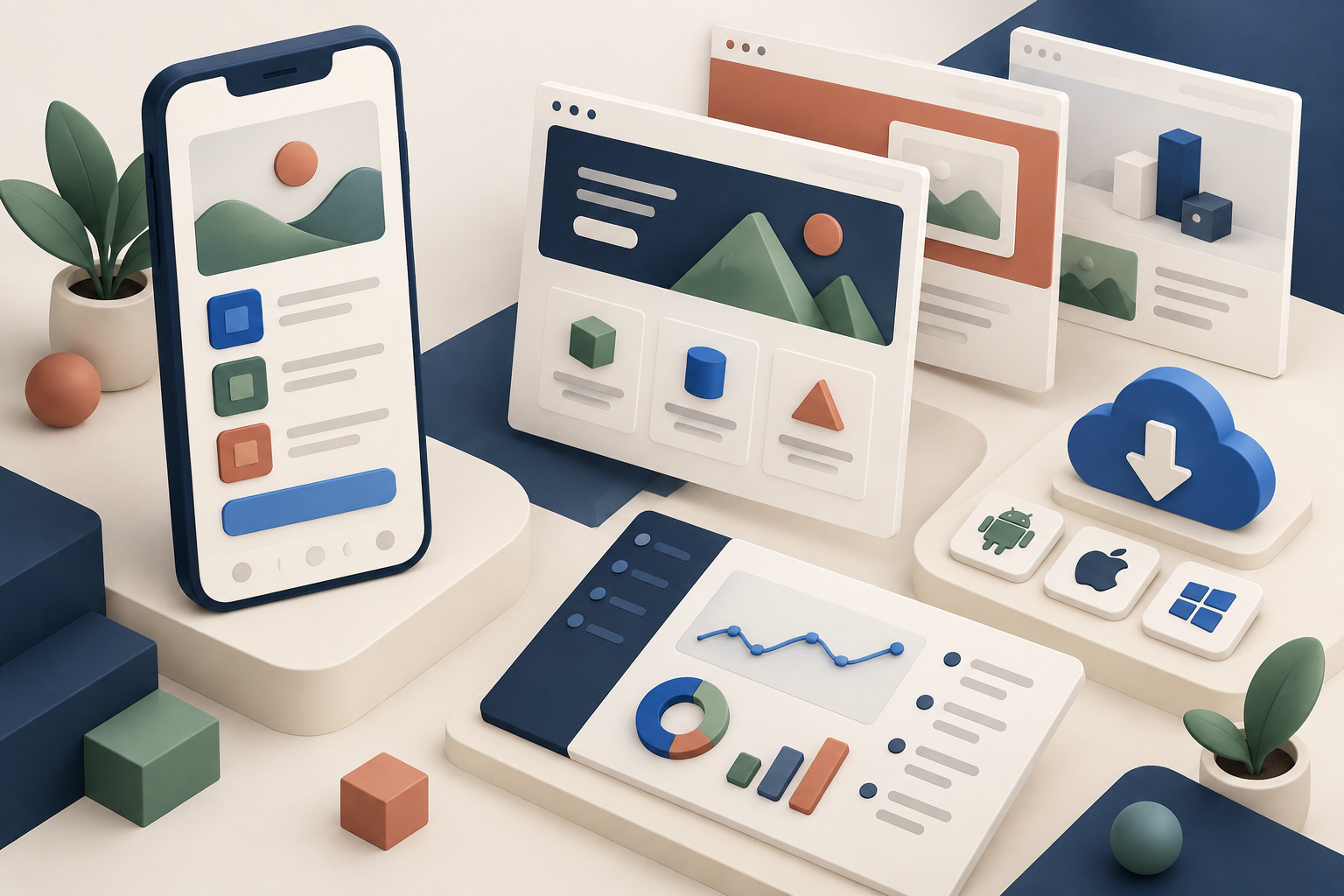 Illustrated phone and browser windows showing app interfaces and download icons