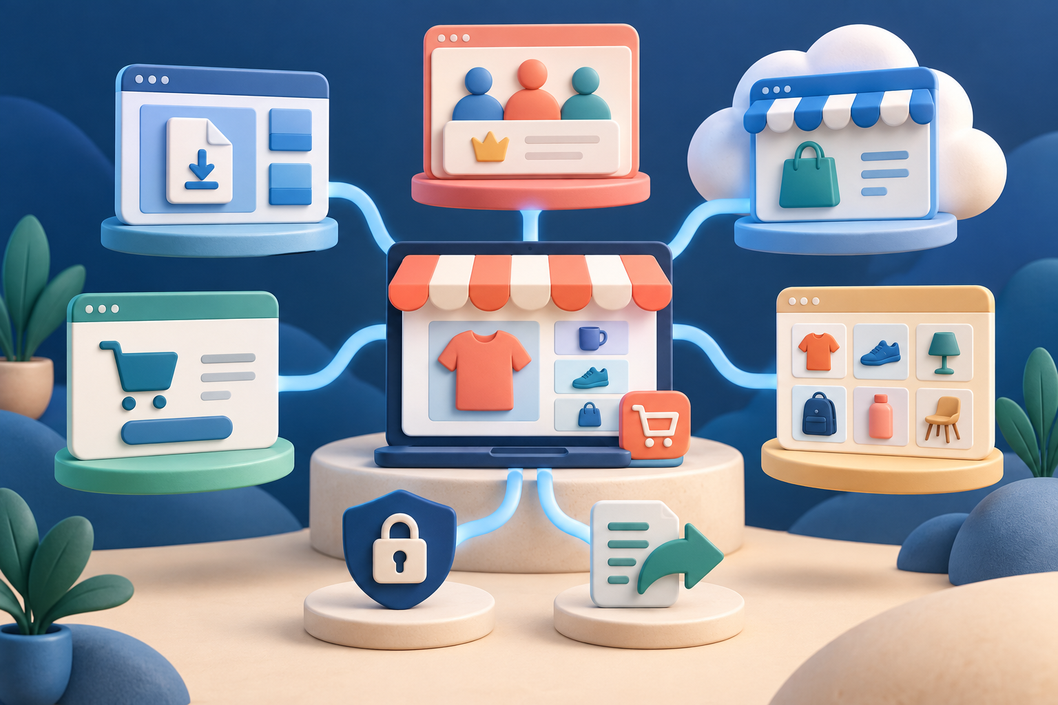 A central online store connected to hosted commerce and membership options