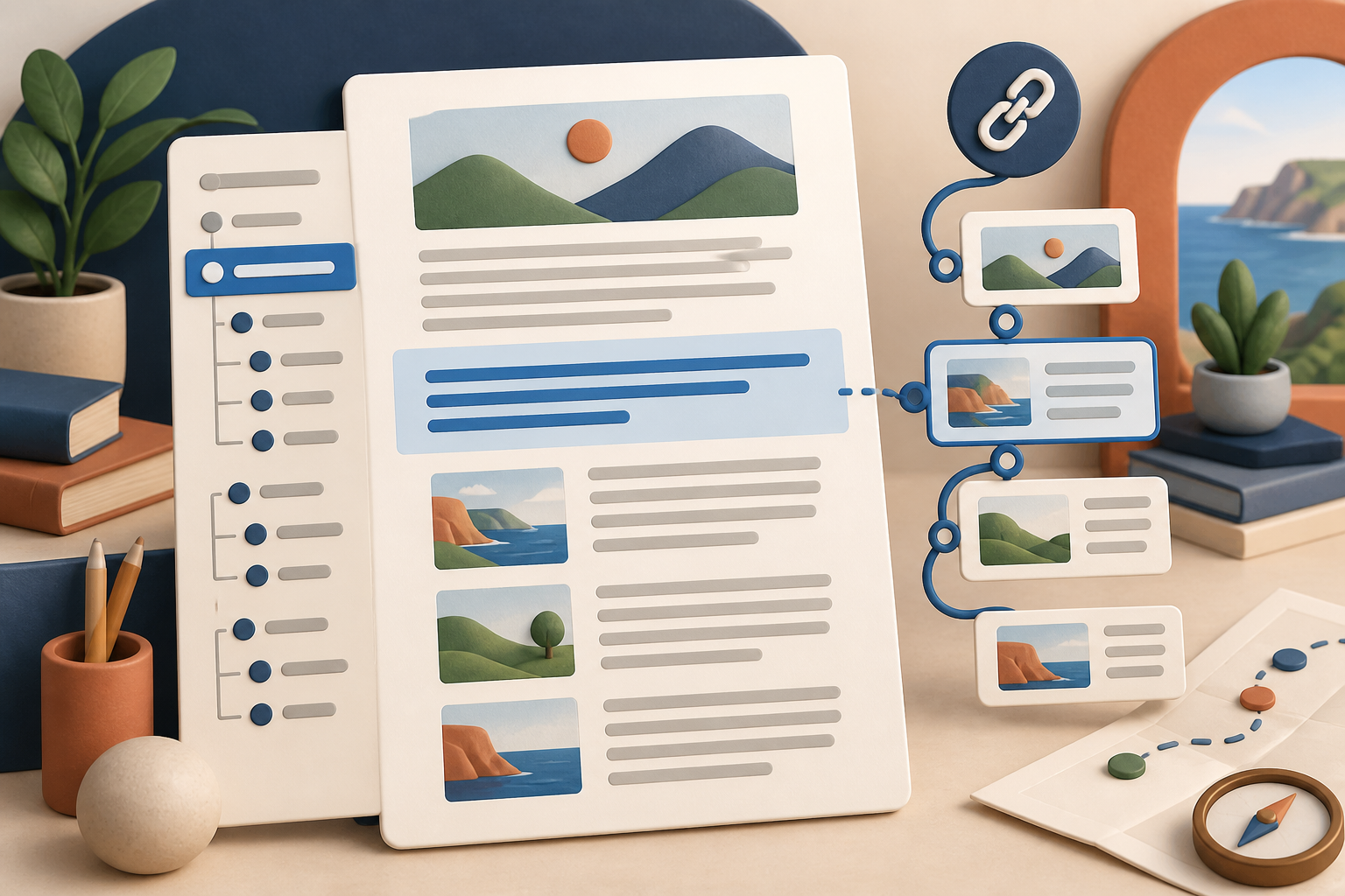 Illustration of a long document with a linked table of contents beside it