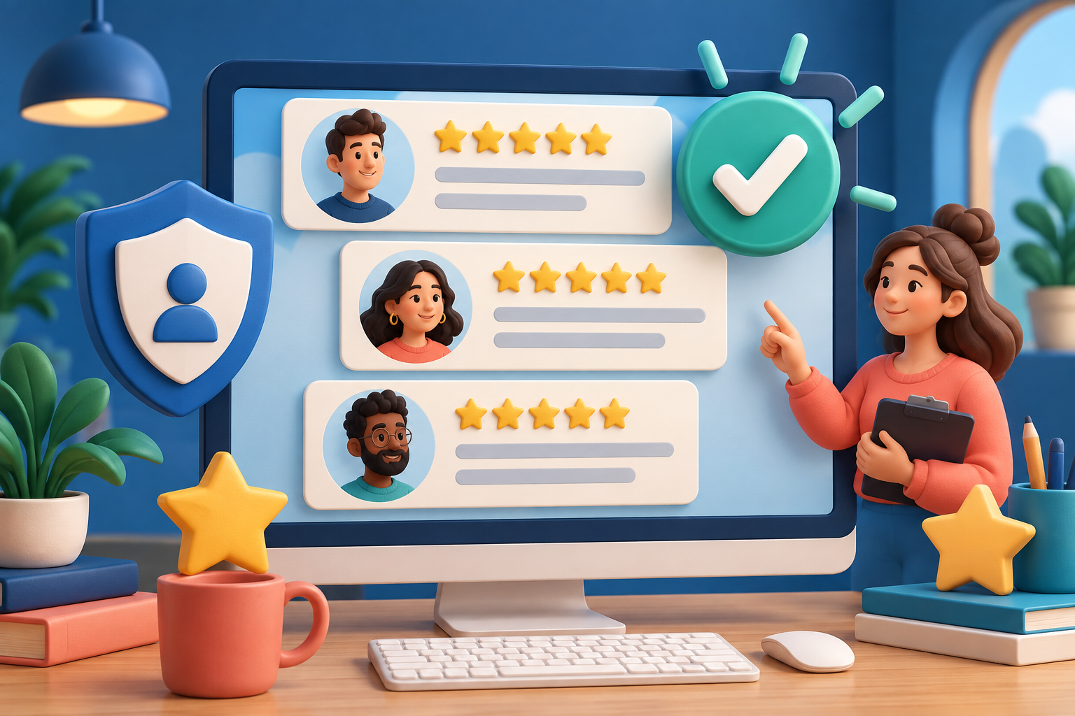 Customer testimonials, five star reviews and a trust shield on a website