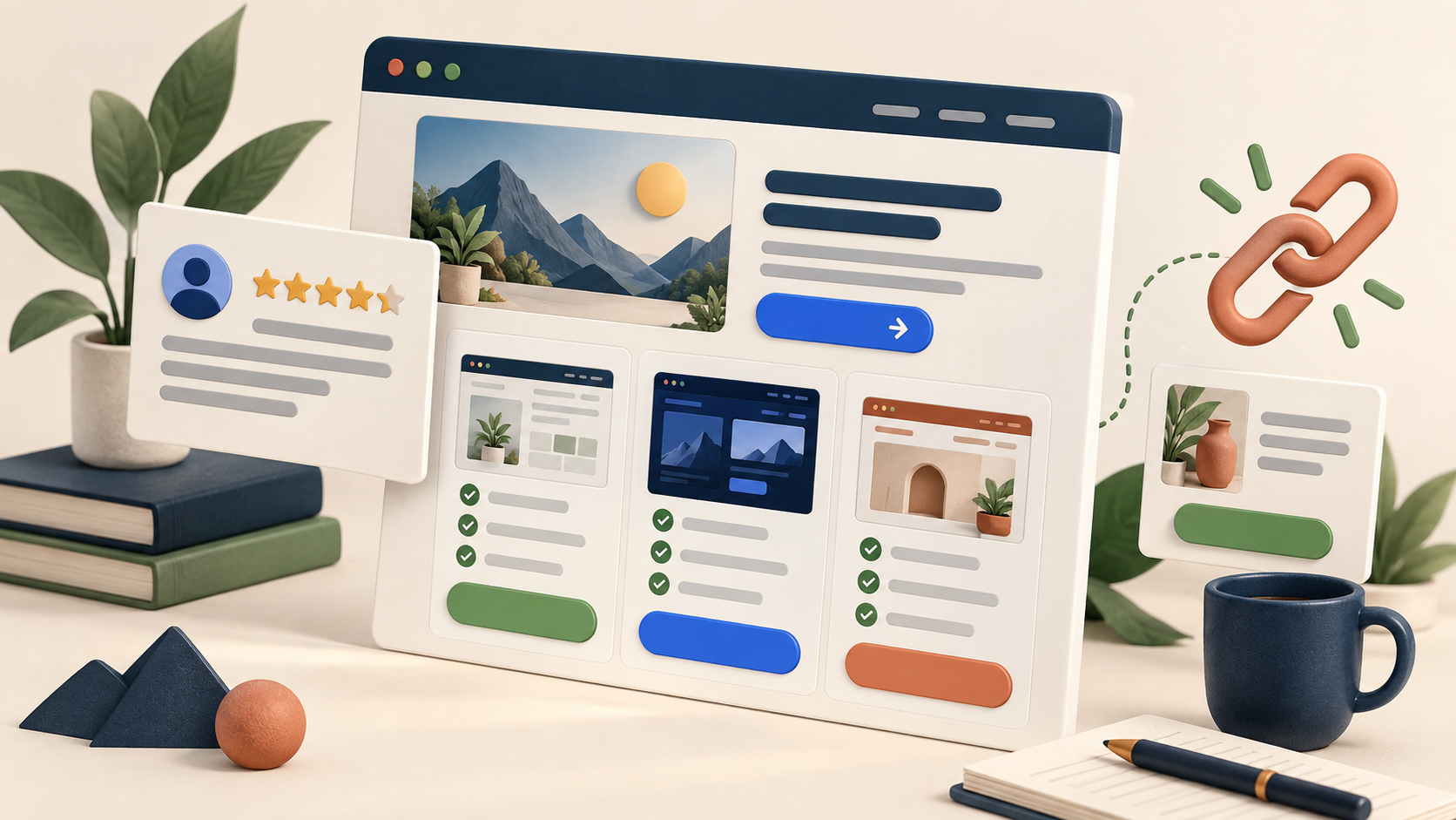 Illustrated website interface showing review stars, comparison cards and affiliate link icons