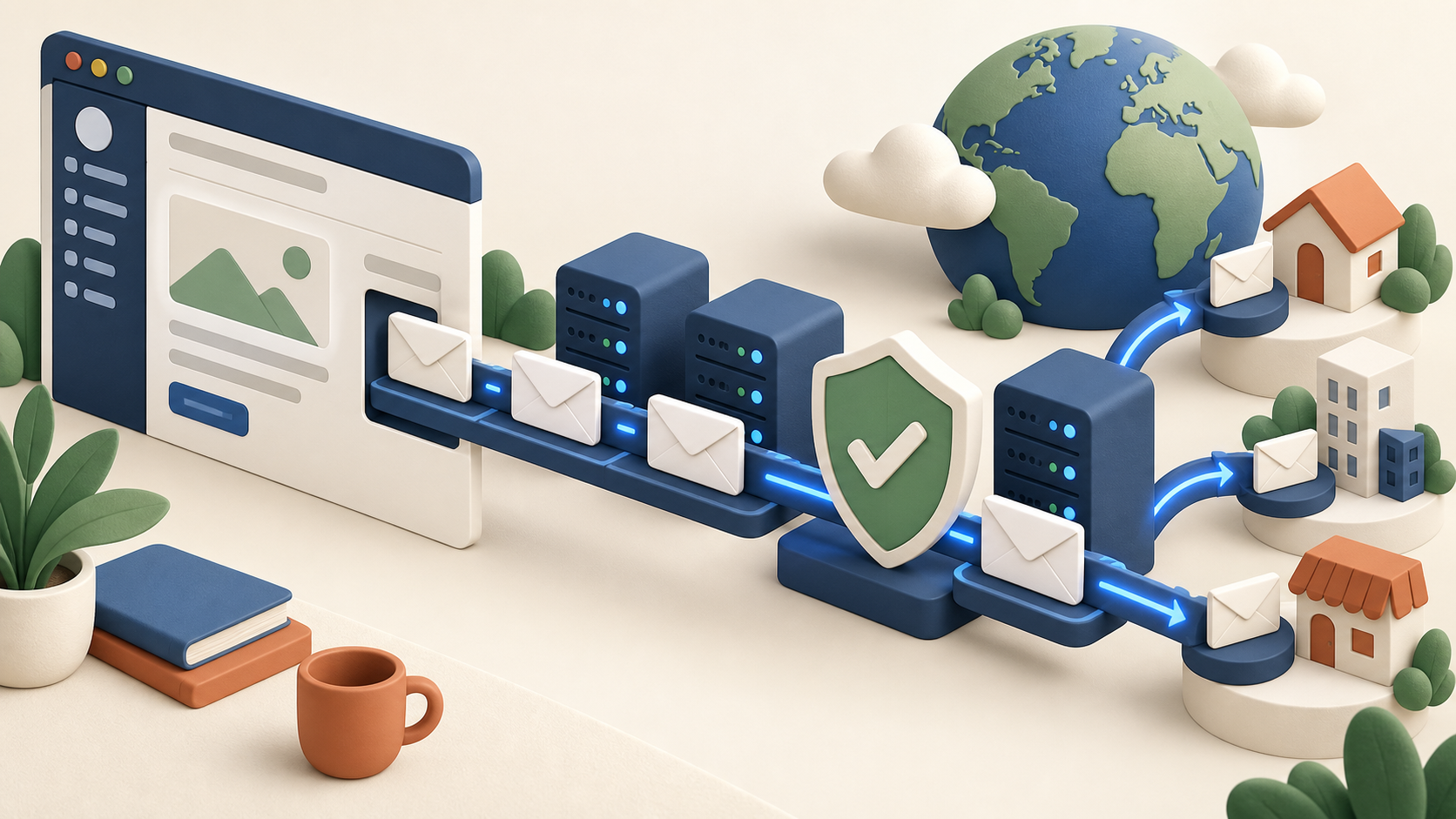 Illustration of a website sending email through servers and a security shield out to homes and businesses
