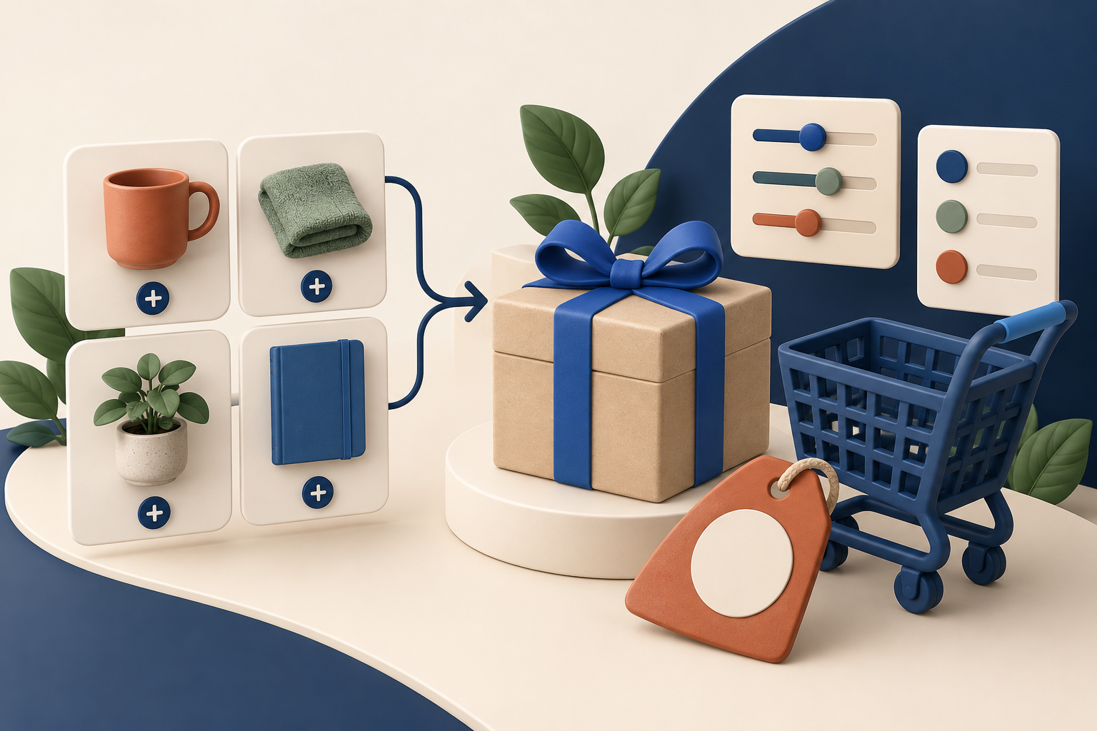 Illustration of individual products combining into a single gift-wrapped bundle beside a shopping cart