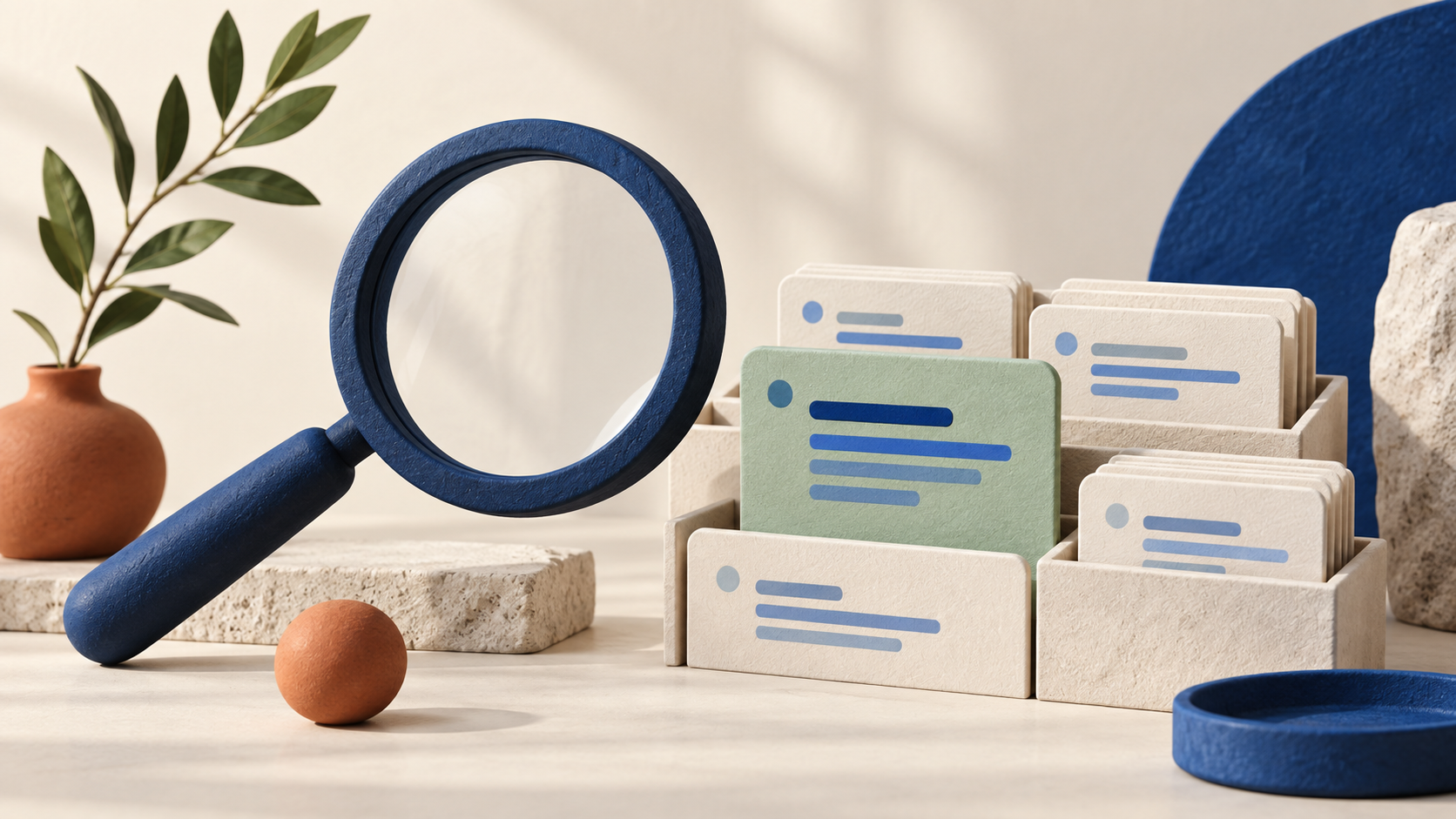 A large magnifying glass resting beside index cards in a filing tray, one card highlighted in green