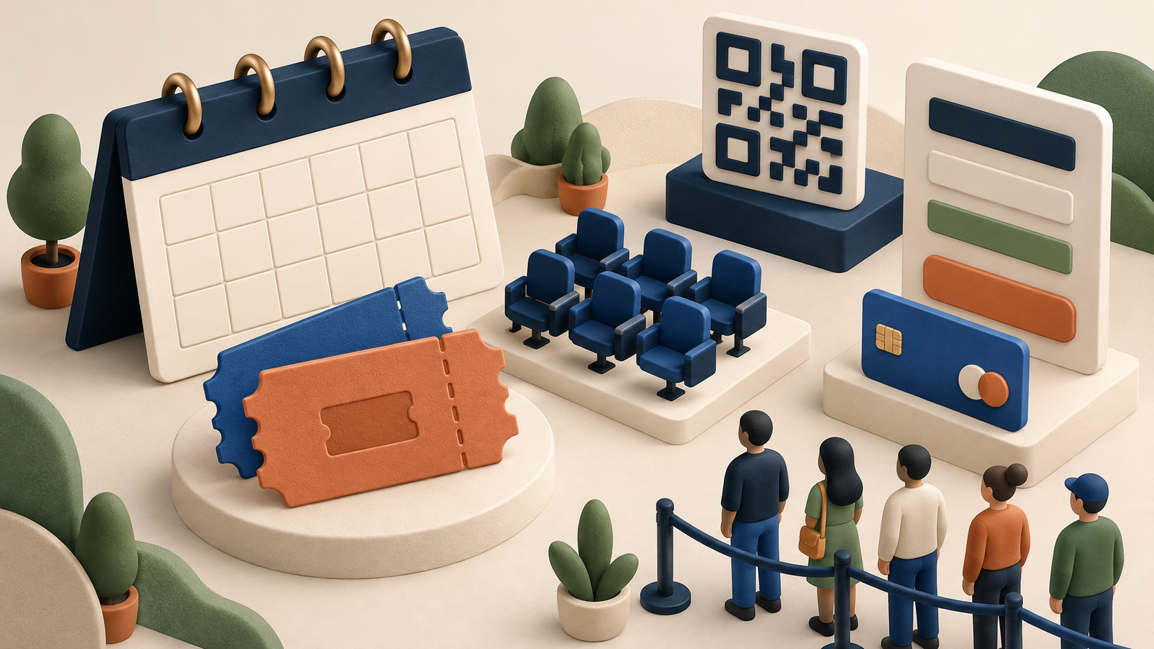 Illustration of a calendar, tickets, QR code, seating plan and a queue of attendees