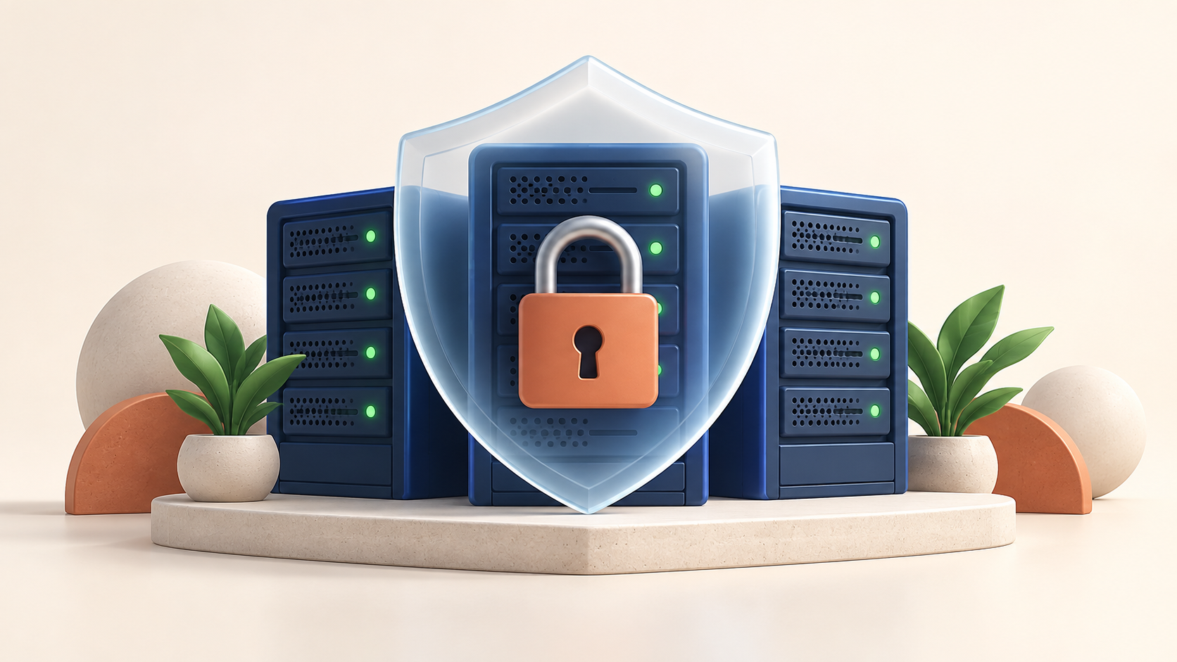 Illustrated server racks protected by a glass shield and padlock