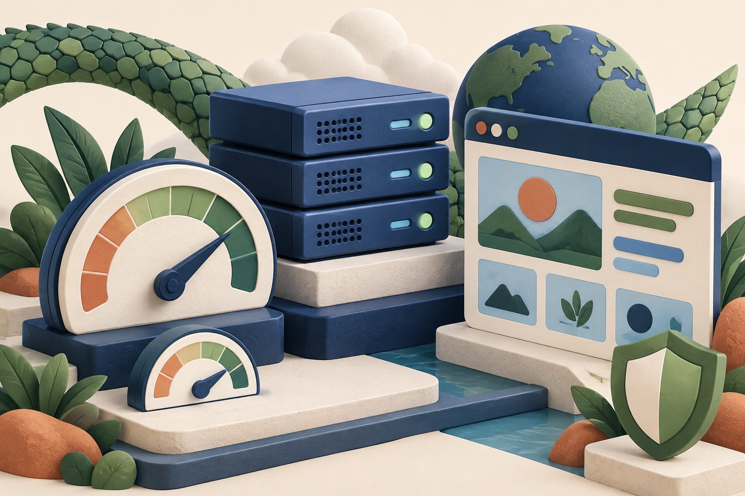Illustrated servers with a speed gauge, website window and security shield