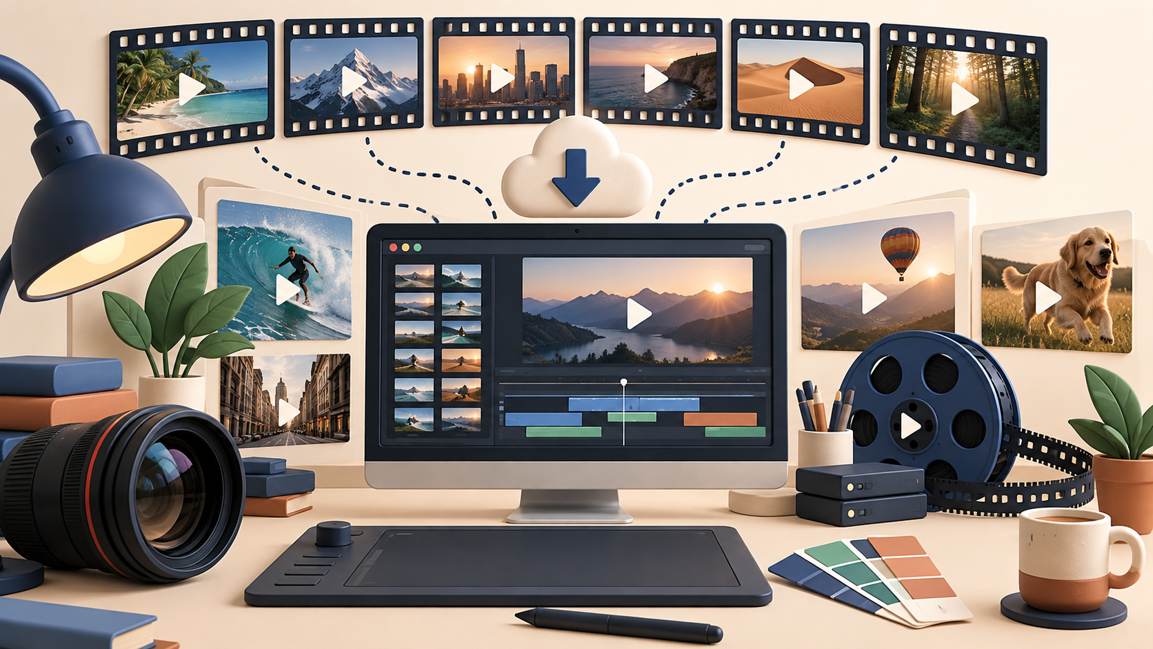 Illustration of a video editing desk surrounded by stock footage clips and a download cloud