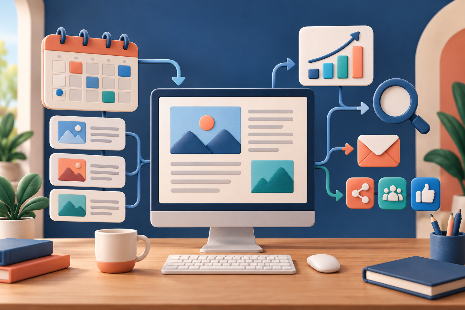 Illustration of a content workstation with an editorial calendar, analytics, search and social icons