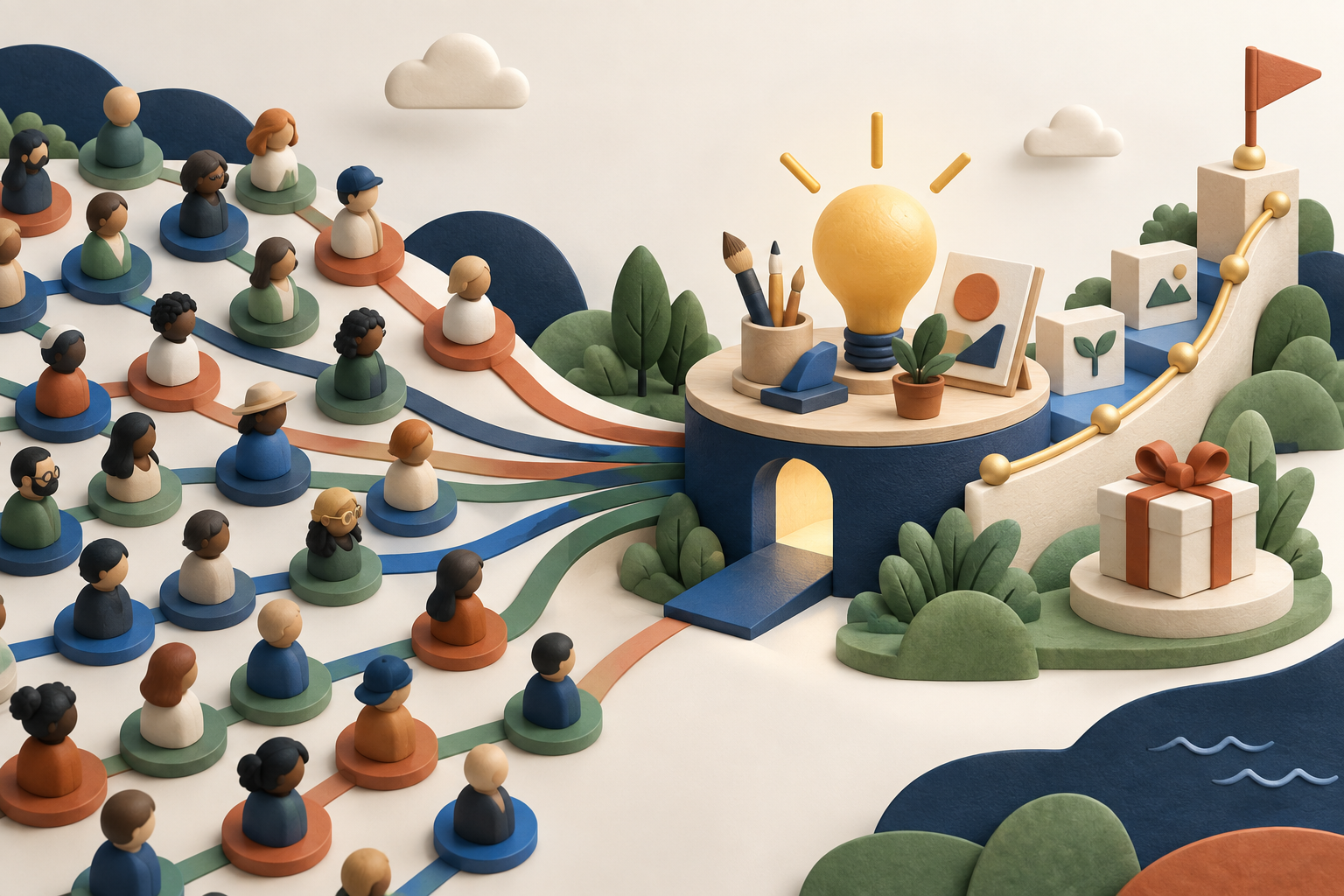 Illustration of a crowd of supporters connecting to a central creative campaign hub