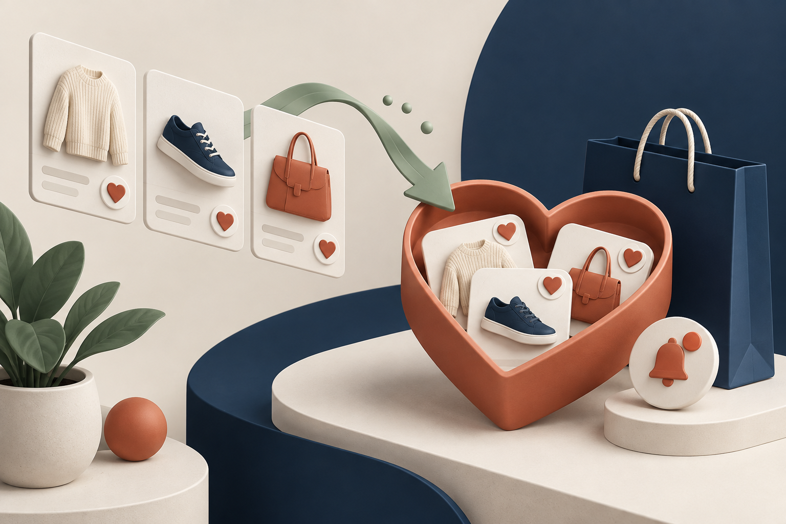 Illustrated products being added to a heart-shaped wishlist container