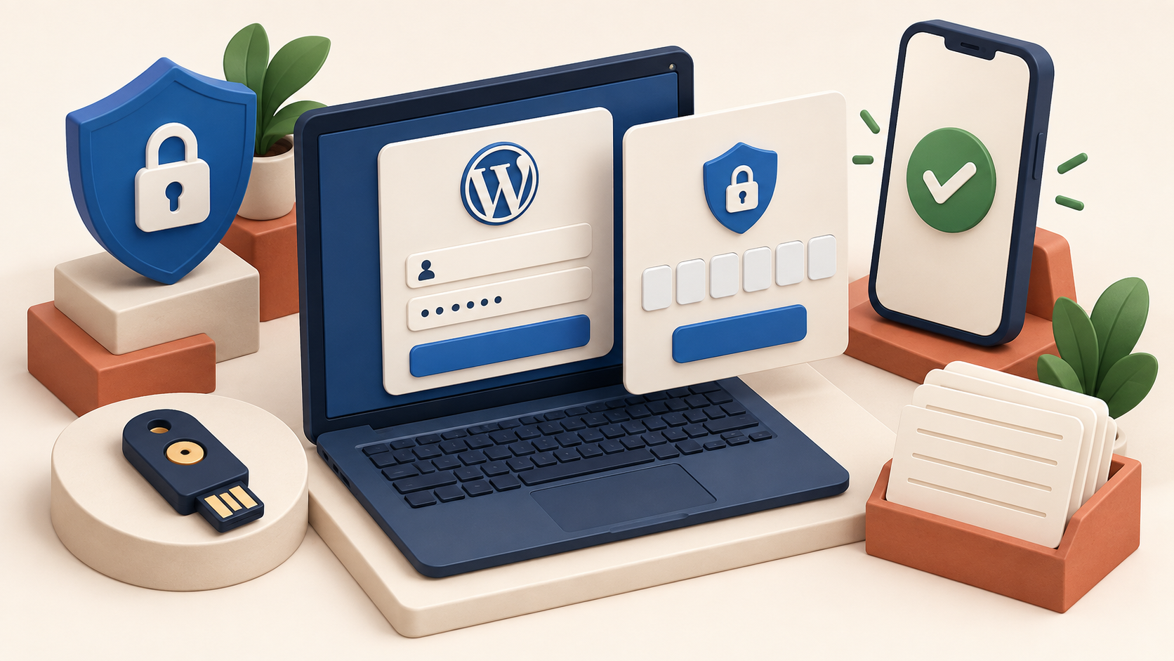 Illustration of a WordPress login screen with a phone approval, security key and shield