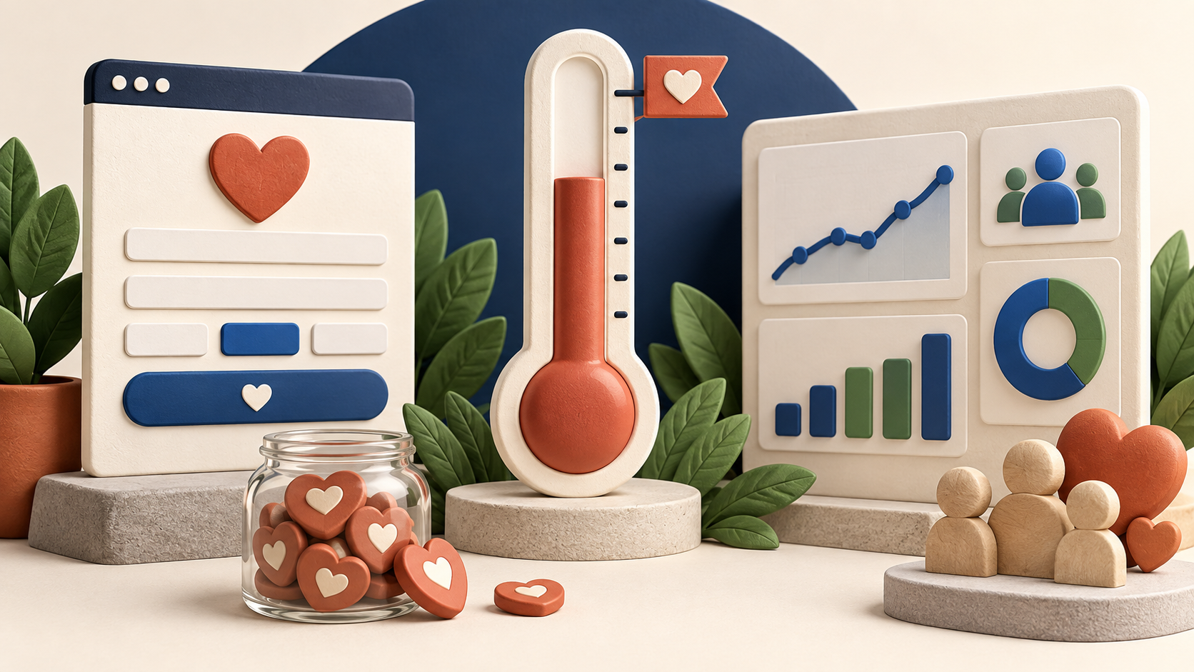 Illustration of a donation thermometer beside a donation form and reporting dashboard