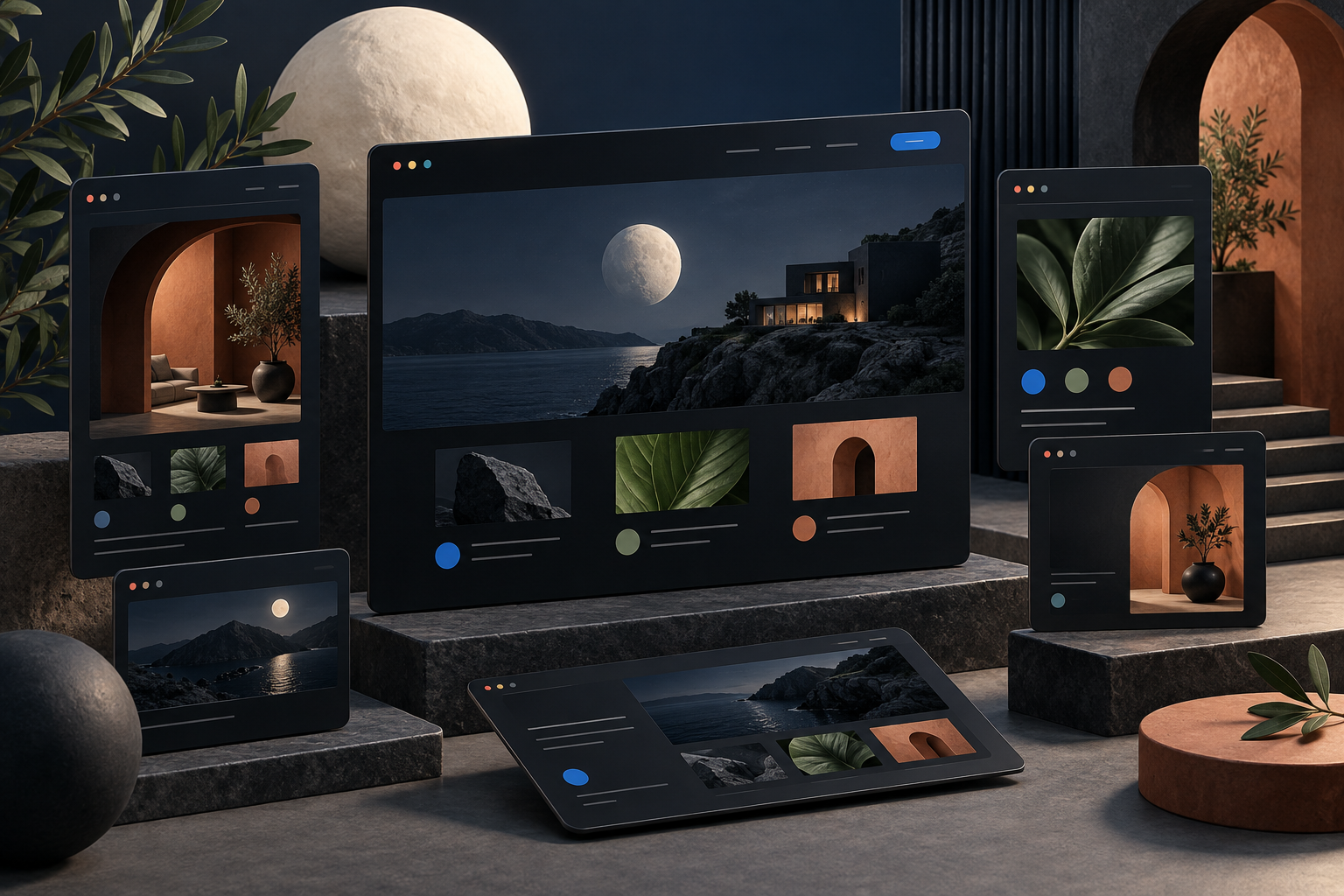 Several devices showing dark-themed website layouts on a stone platform at night