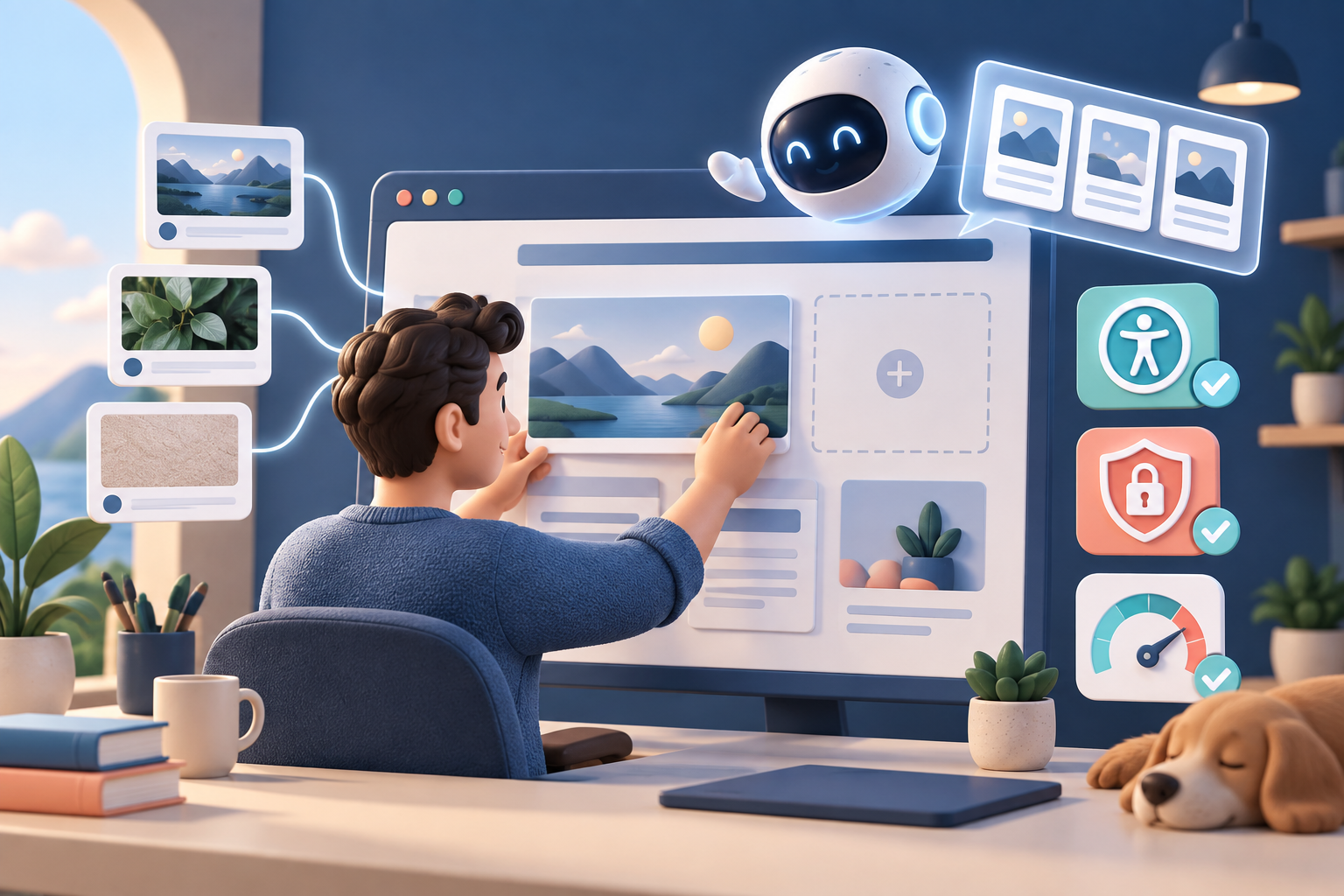 A person building a WordPress page with AI assistance and quality checks