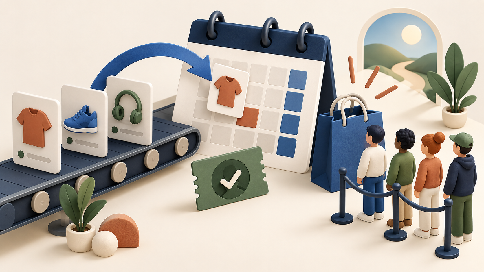 Illustration of products moving toward a release calendar while customers queue to buy
