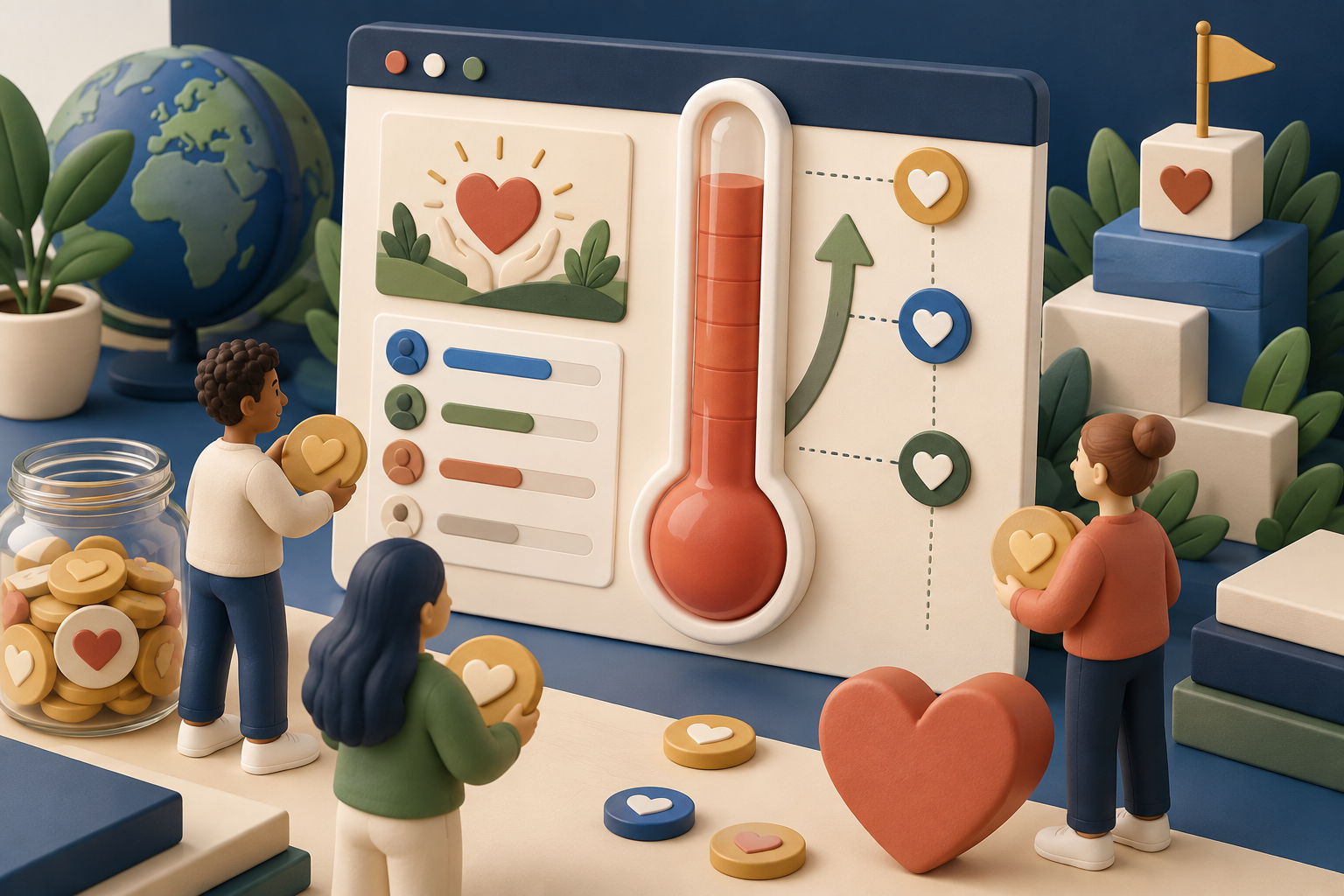Illustration of supporters adding donations to a large fundraising thermometer dashboard
