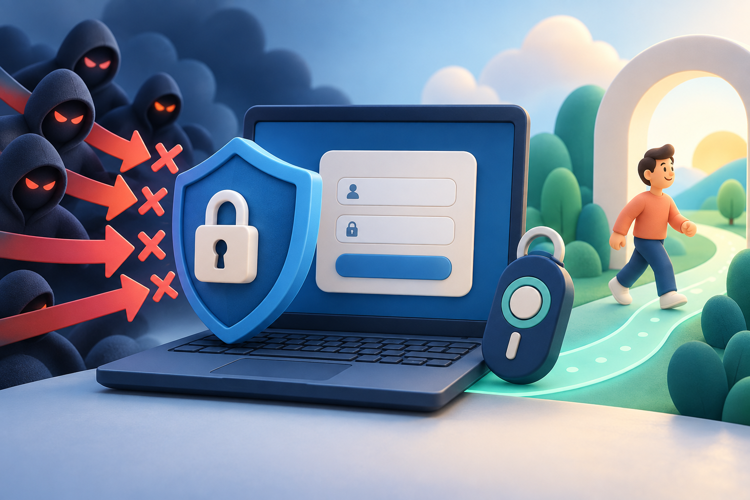 Illustration of a laptop login screen shielded from attacking arrows while a visitor walks through safely
