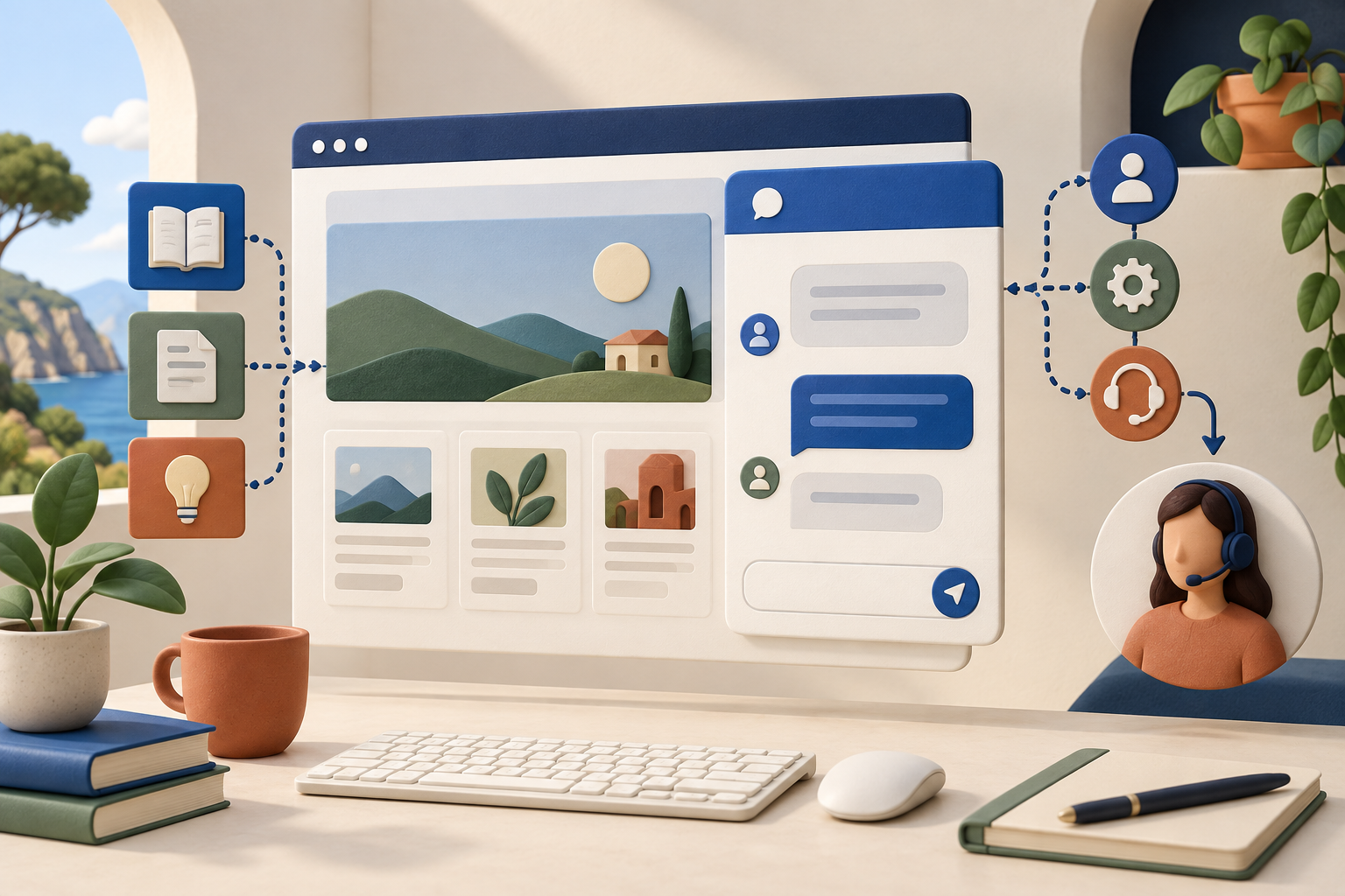 Illustration of a website with a chat panel, knowledge sources and a human support agent