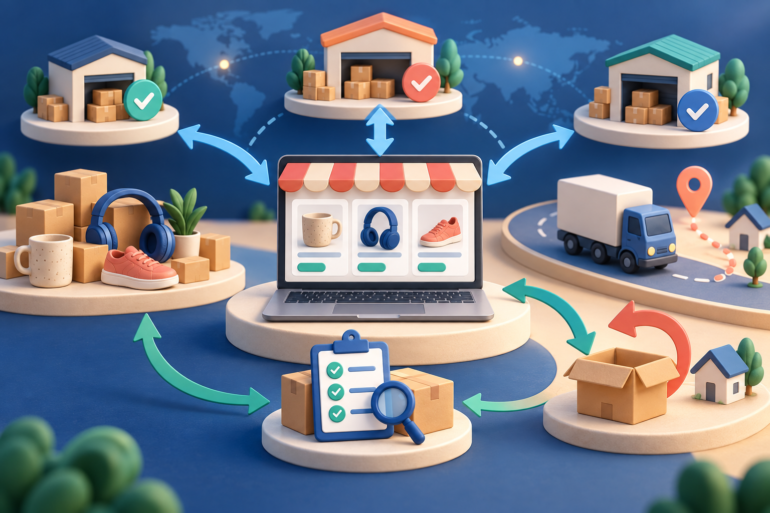 A WooCommerce store connected to supplier warehouses and delivery routes