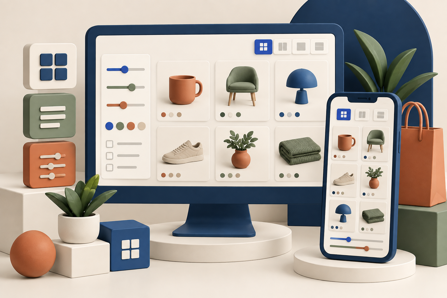 Illustration of a desktop and phone showing filterable product grids