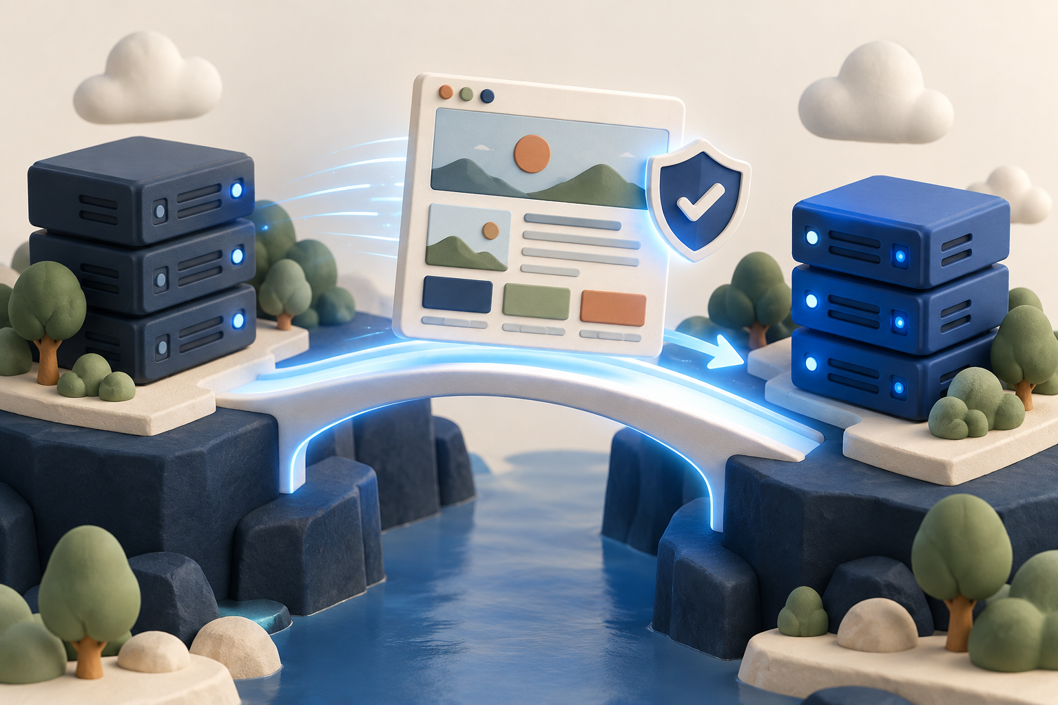 Illustrated website crossing a bridge between two server clusters