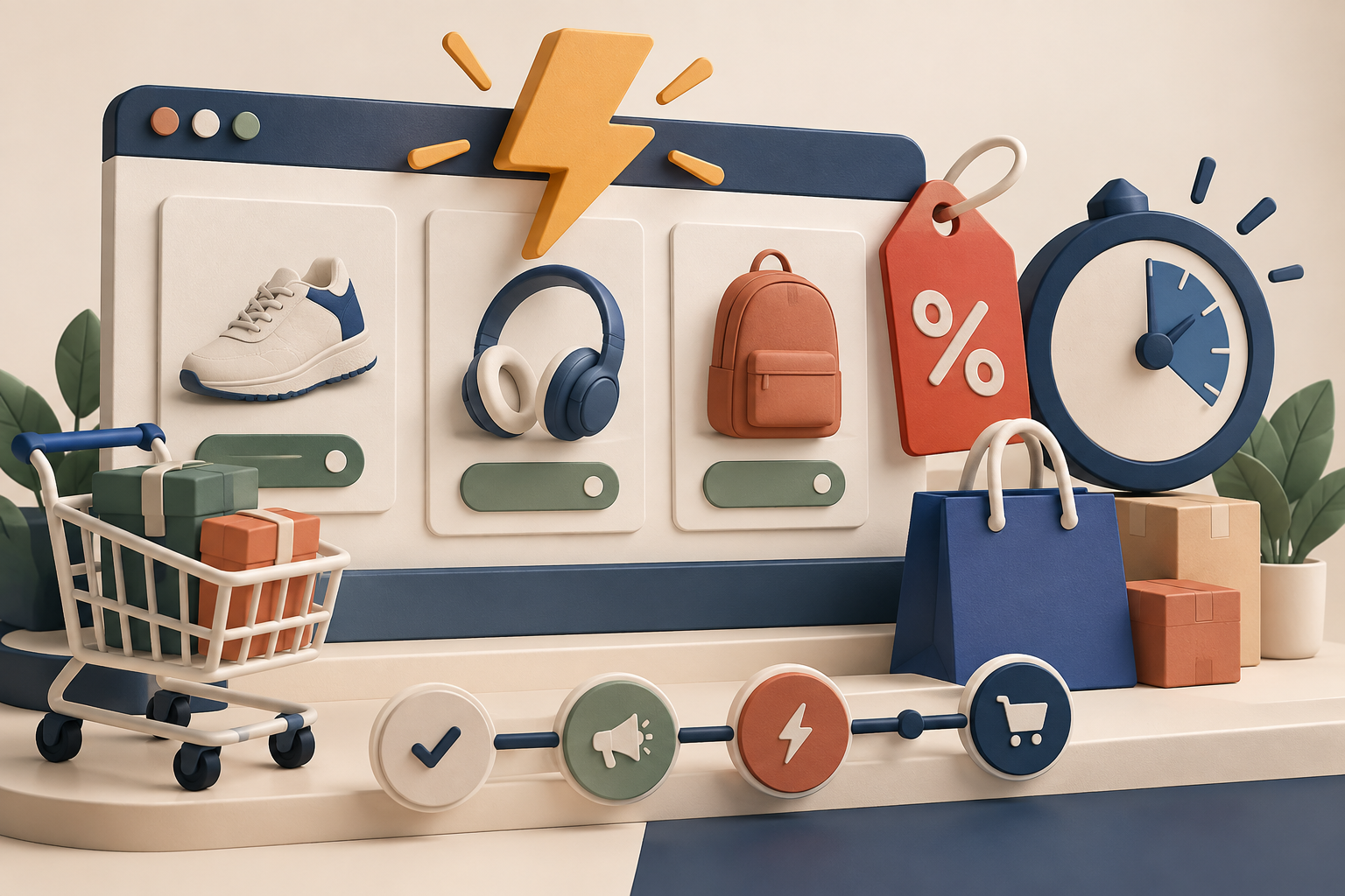 Illustration of a storefront with discounted products, a lightning bolt and a countdown clock