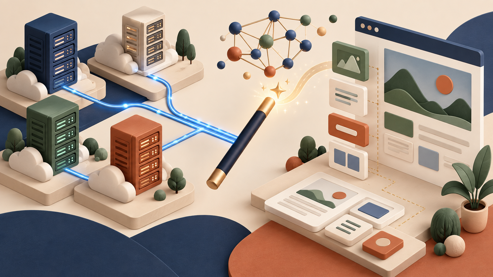 Illustrated servers connected to a website layout being assembled by a magic wand