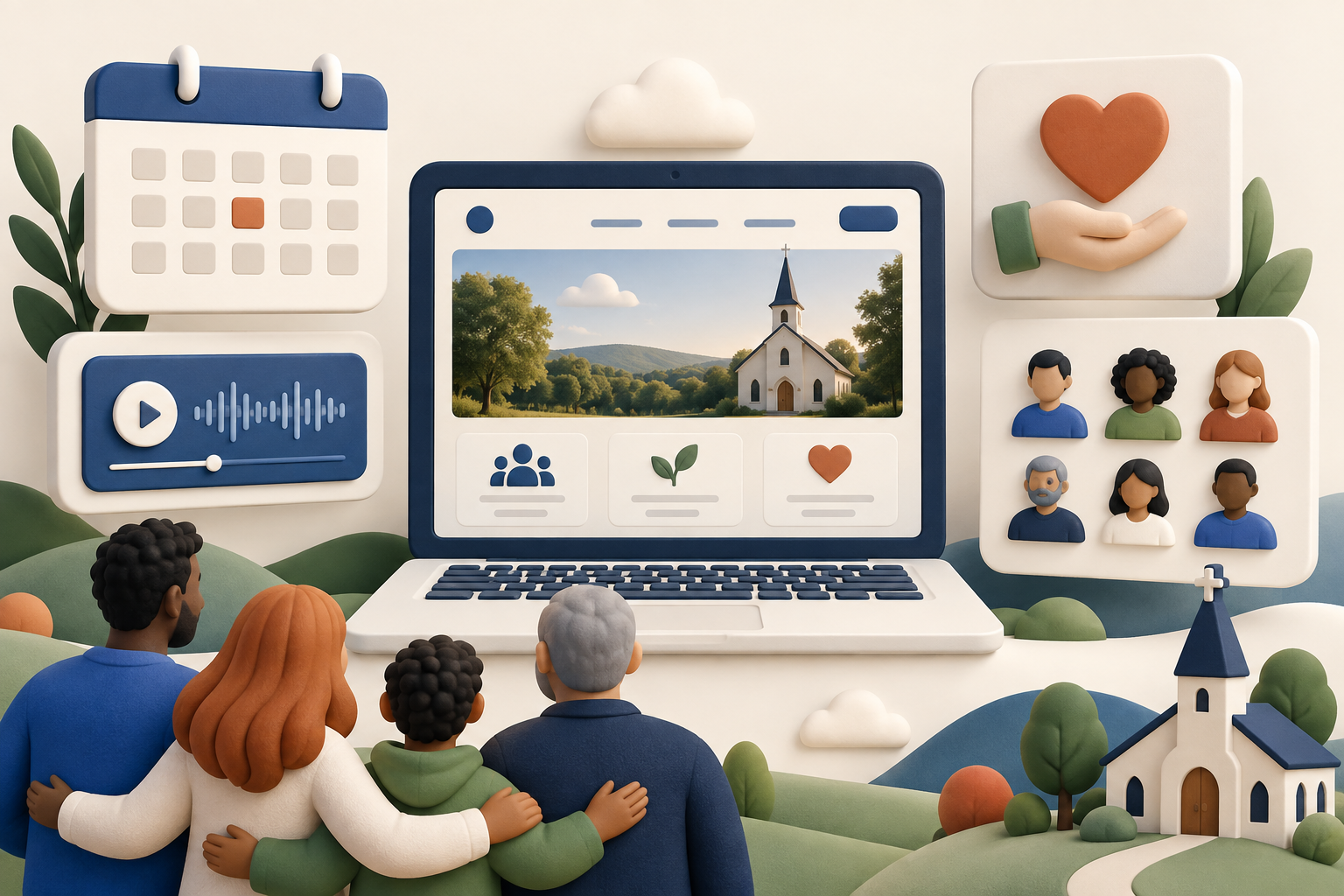Illustration of a family viewing a church website with a calendar, audio player and member profiles