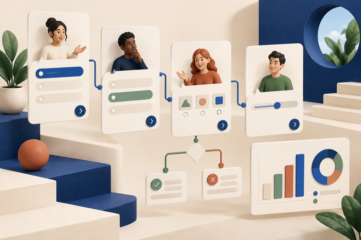 Illustration of conversational form steps branching into logic paths and response charts
