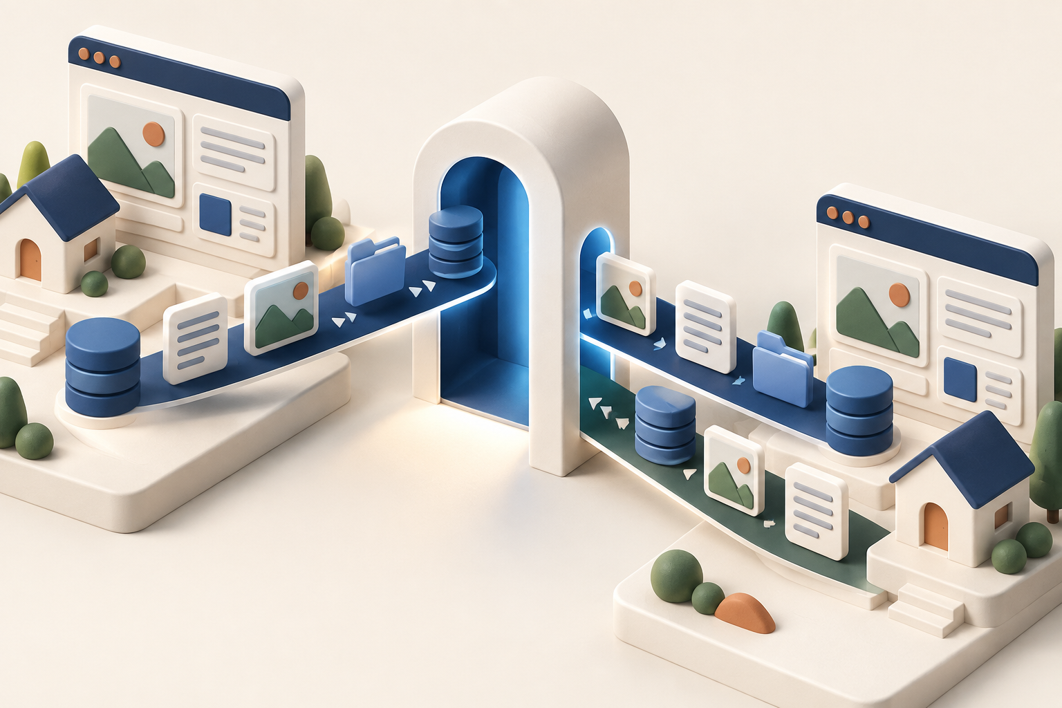 Illustrated data transferring between two WordPress sites through a central portal