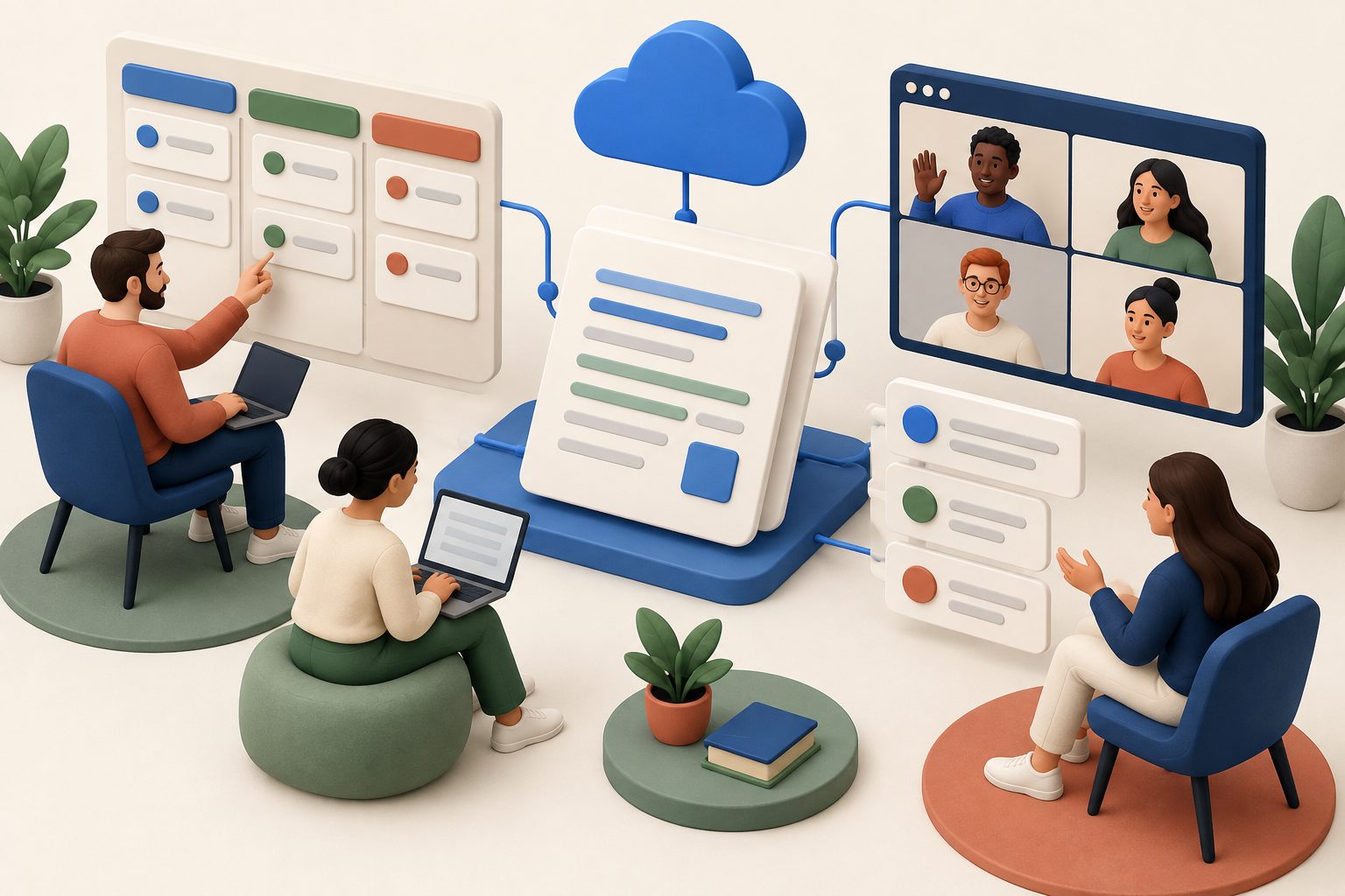 Illustration of a team using boards, shared documents and video calls