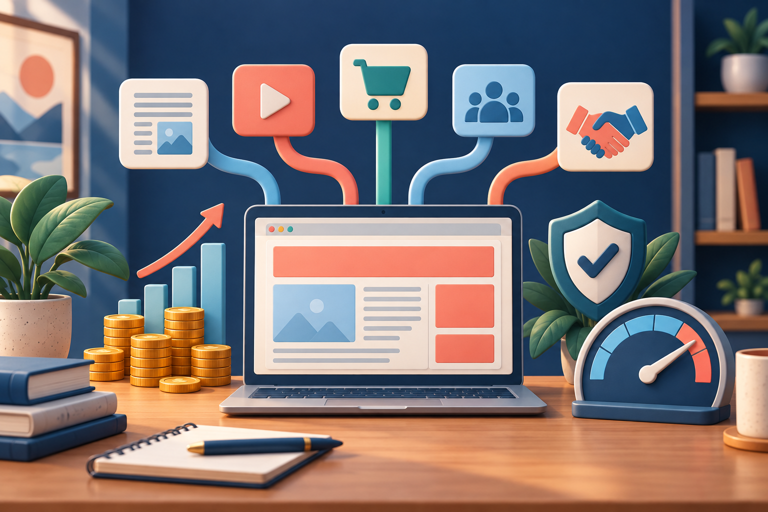 A publisher revenue dashboard with advertising channels, coins and a performance gauge
