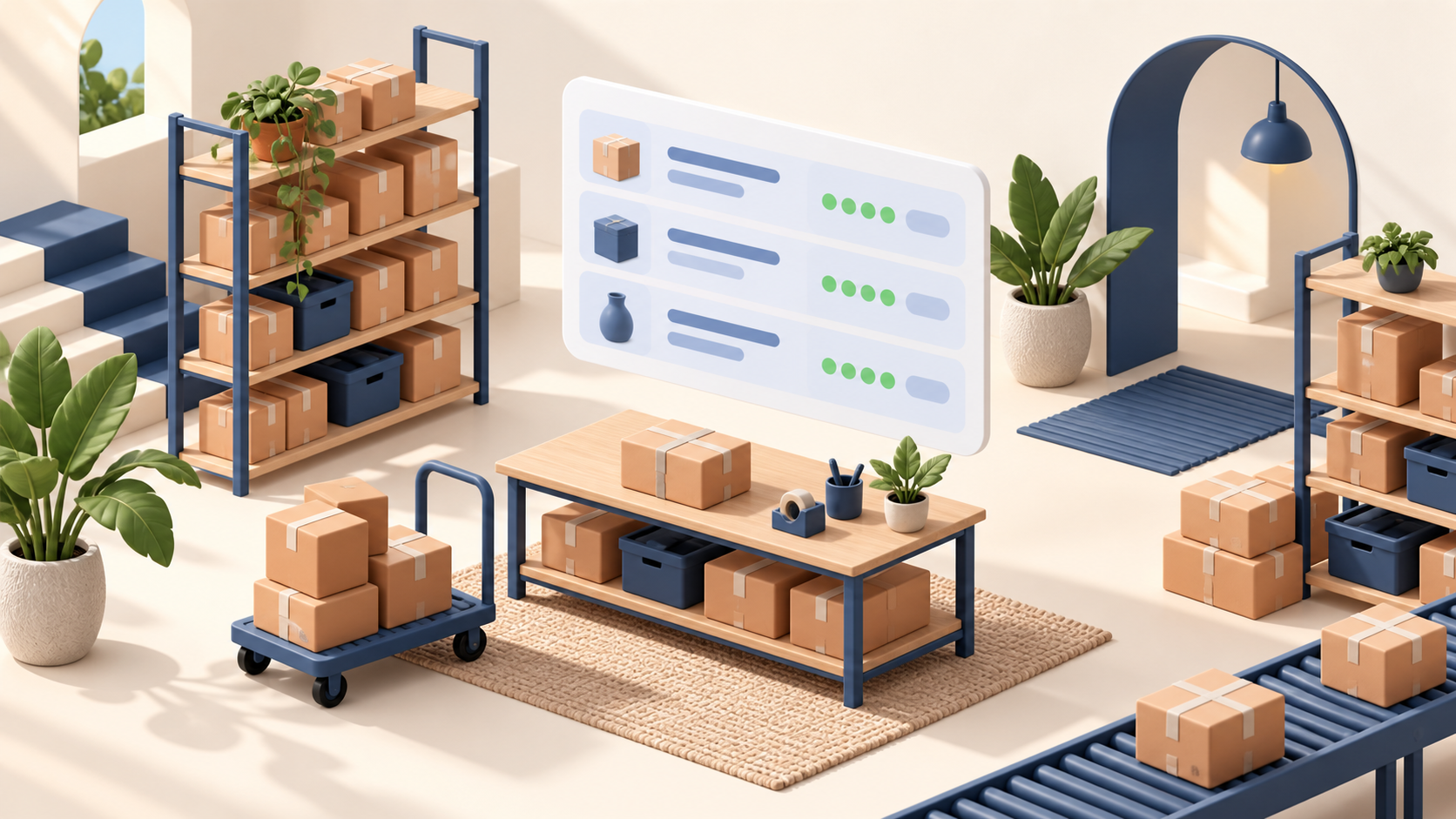 An illustrated warehouse scene with shelves of boxes, a packing table and a floating inventory dashboard