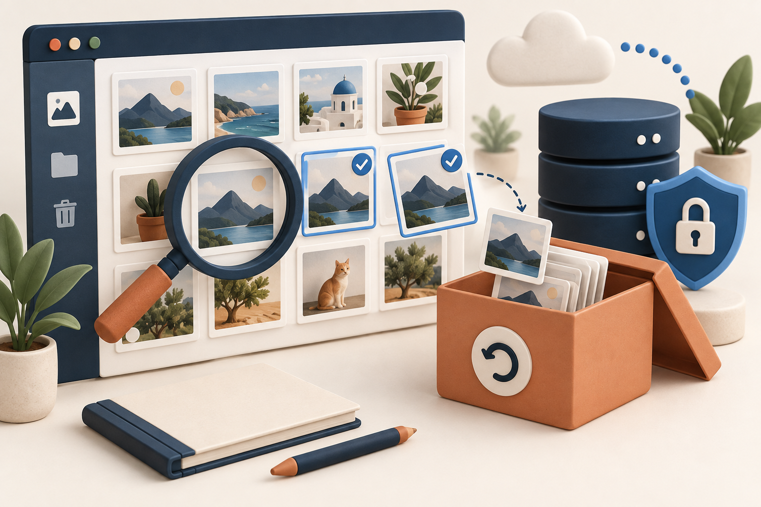 Illustration of a media library audit with selected images moving into a reversible quarantine box
