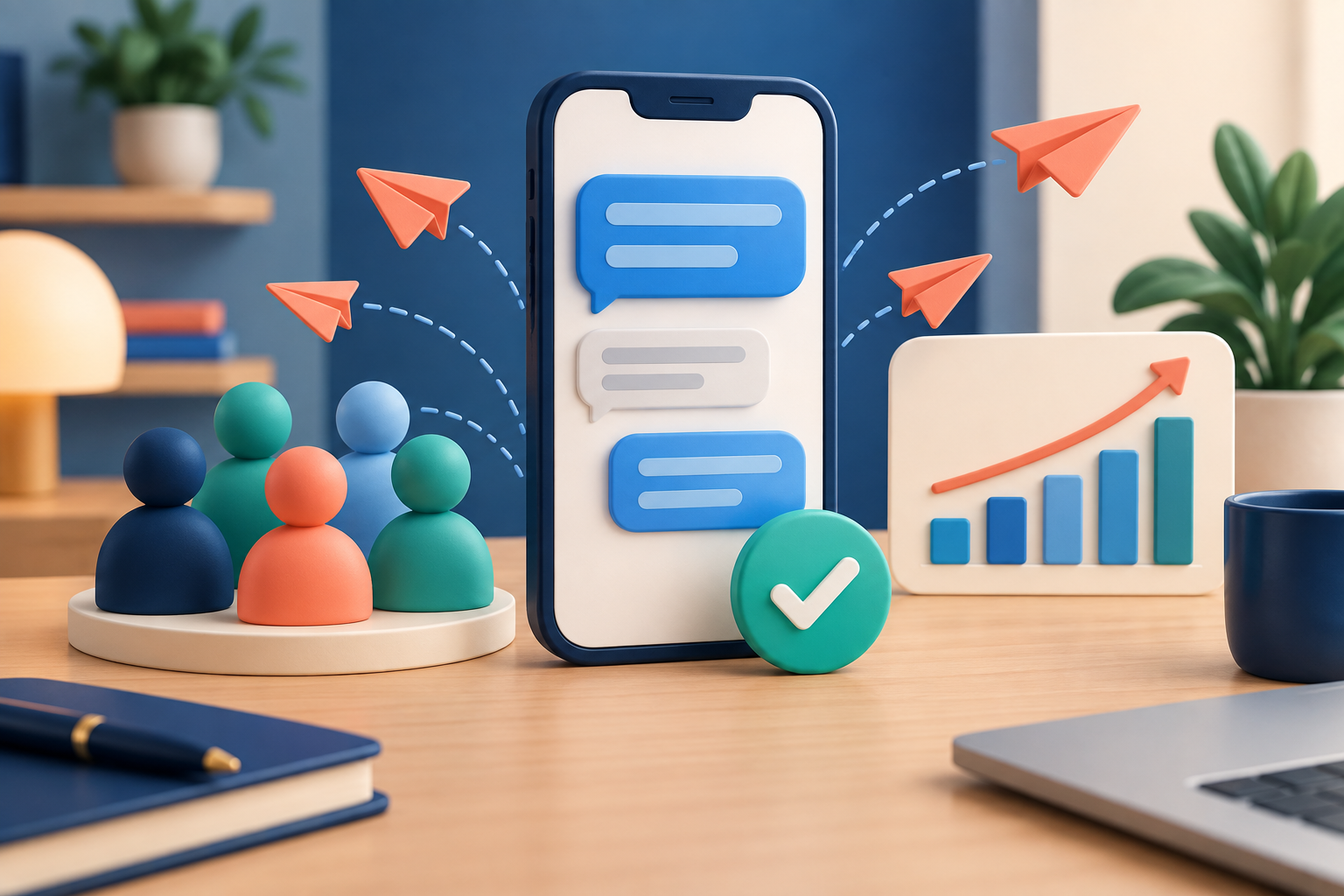 Illustration of a phone with message bubbles, an audience group and a growth chart