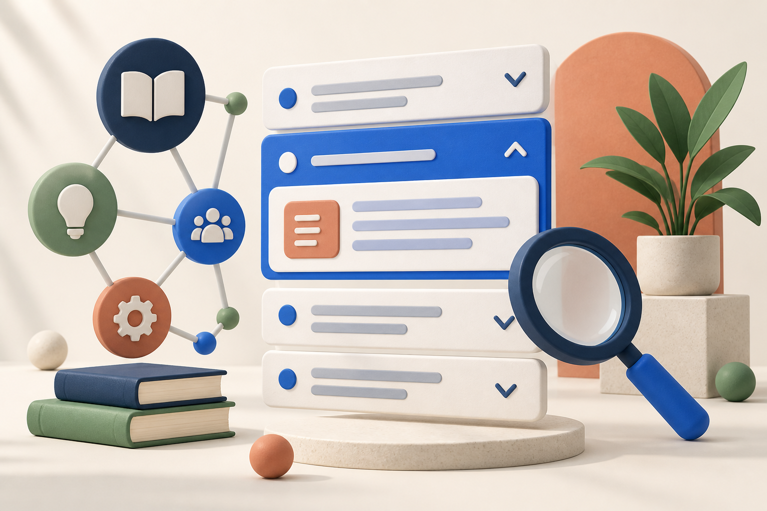 Illustration of an expandable FAQ interface with topic icons, books and a magnifying glass