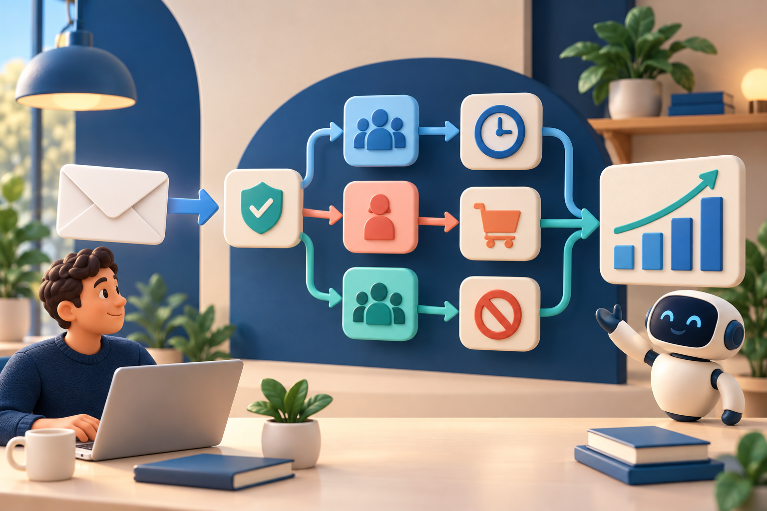 An email automation workflow branching into audience segments and results