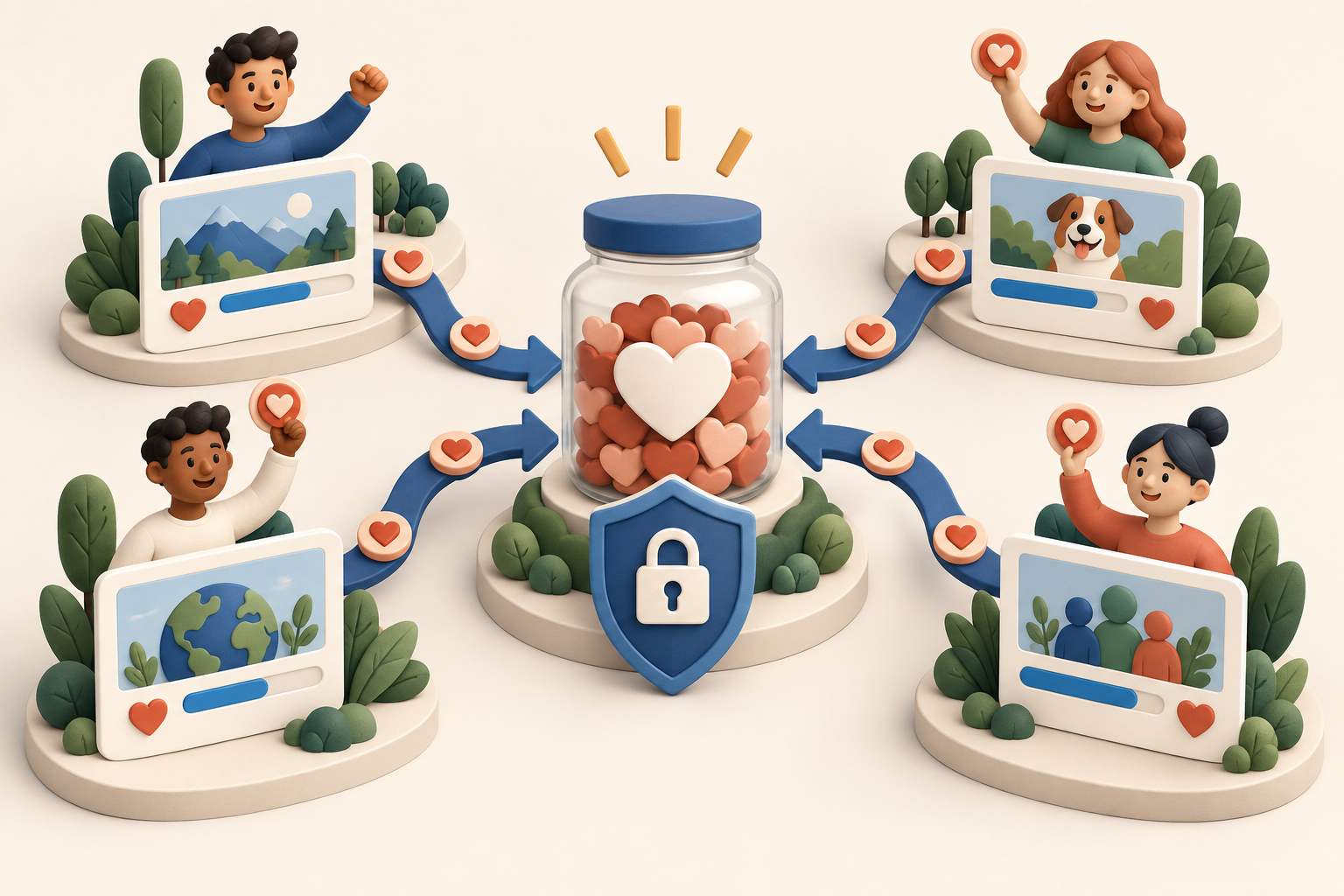 Illustration of four supporters running personal campaign pages feeding one protected donation fund