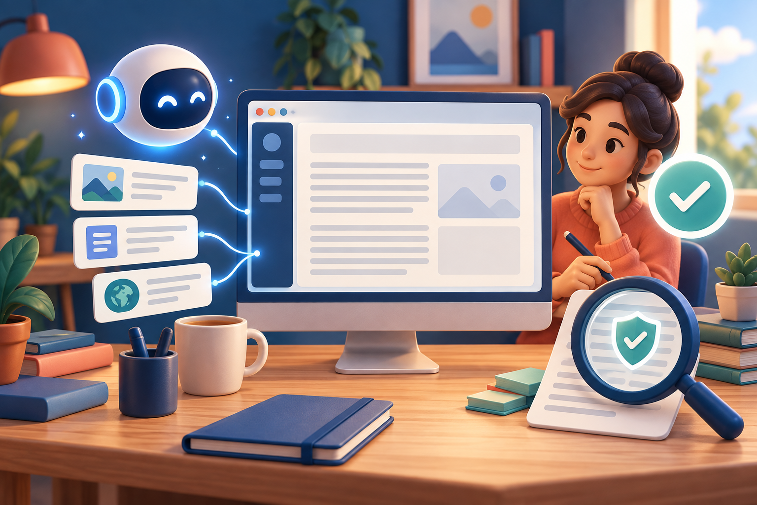 An editor reviewing AI-assisted WordPress content beside a robot and document inspection tools