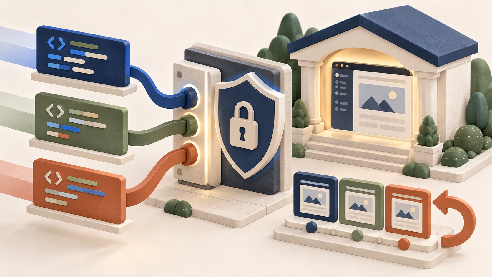 Illustration of code snippets passing through a security shield into a WordPress site