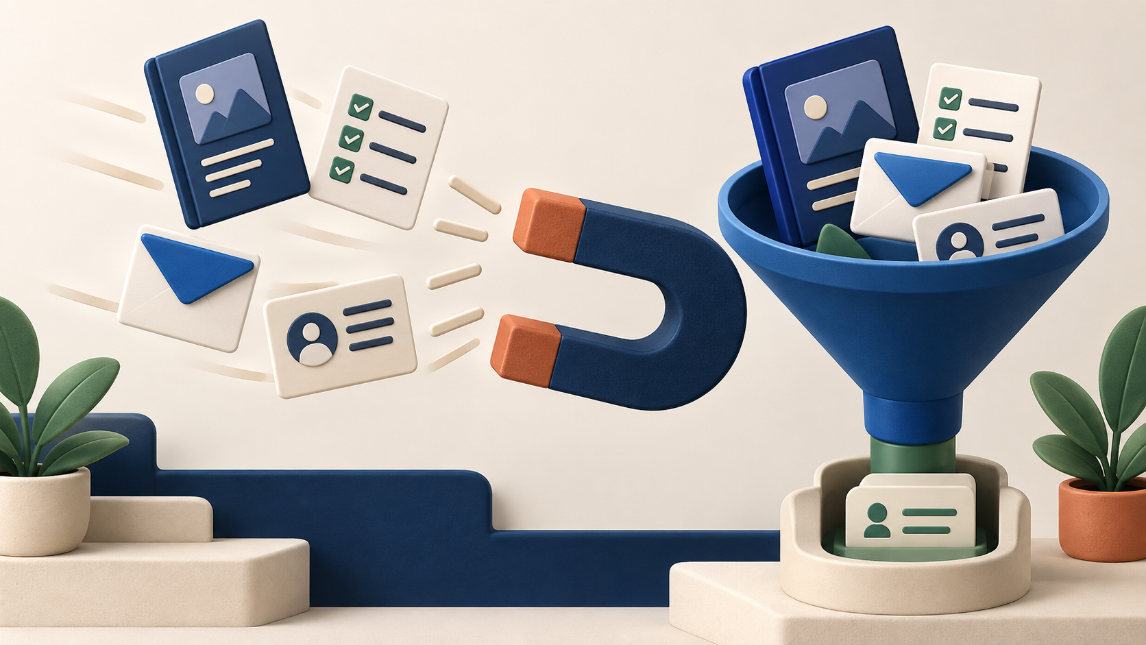 Illustrated magnet pulling documents and contact cards into a funnel