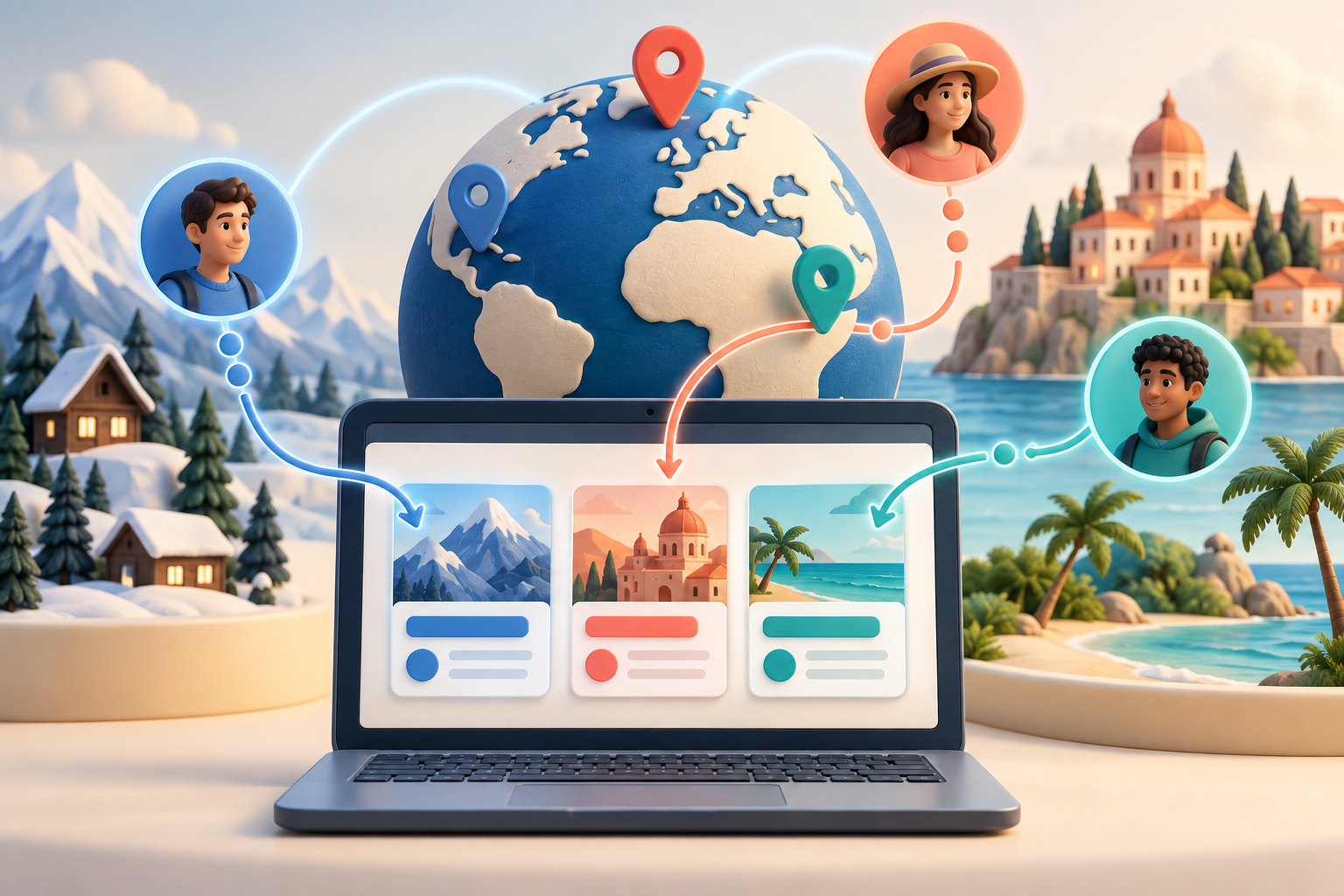 Illustration of a globe connecting visitors in different regions to tailored website content