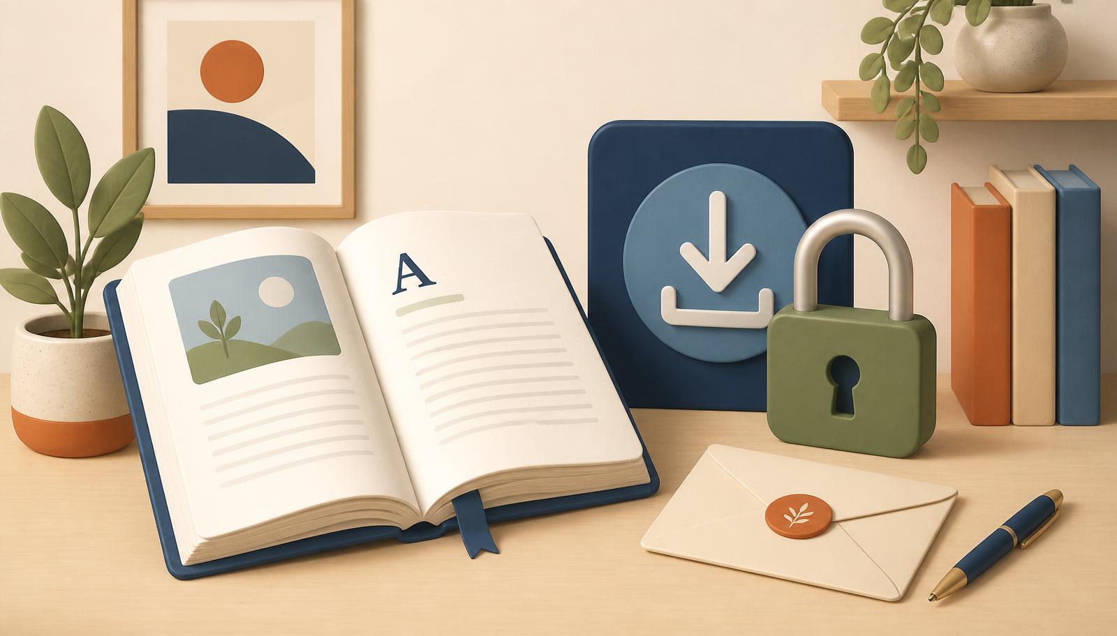 Illustrated desk with an open book, a download icon with a padlock and an envelope beside a plant