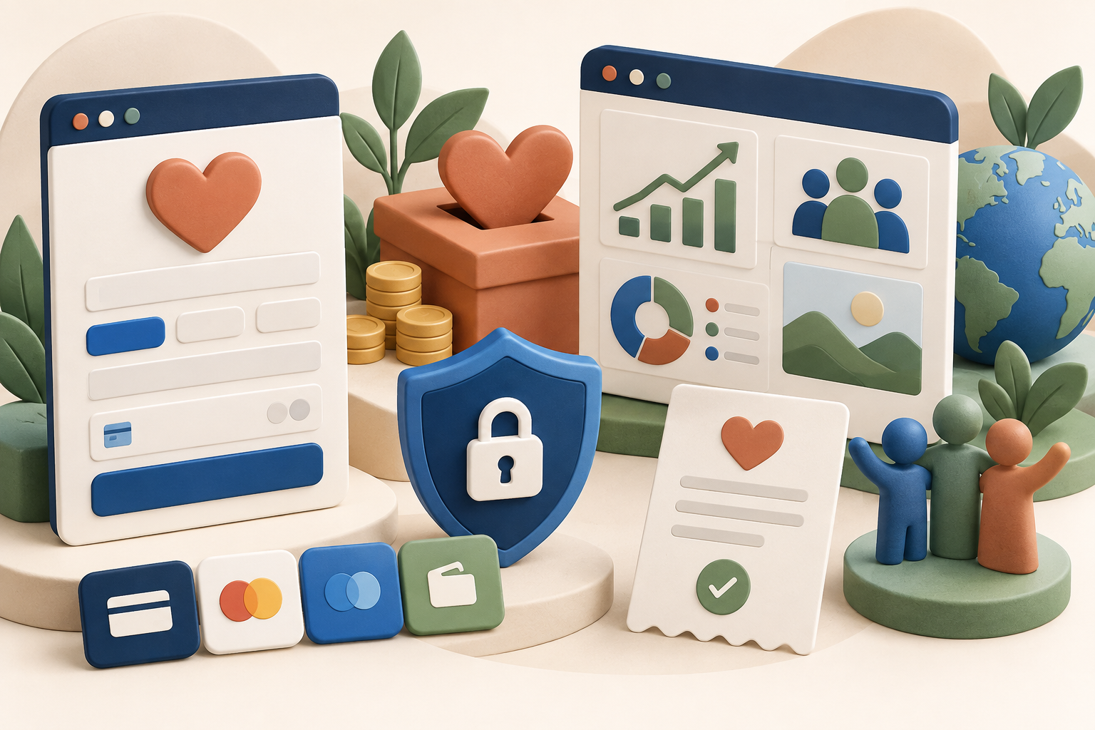 Illustration of a donation form, secure payment shield, reporting dashboard and supporters