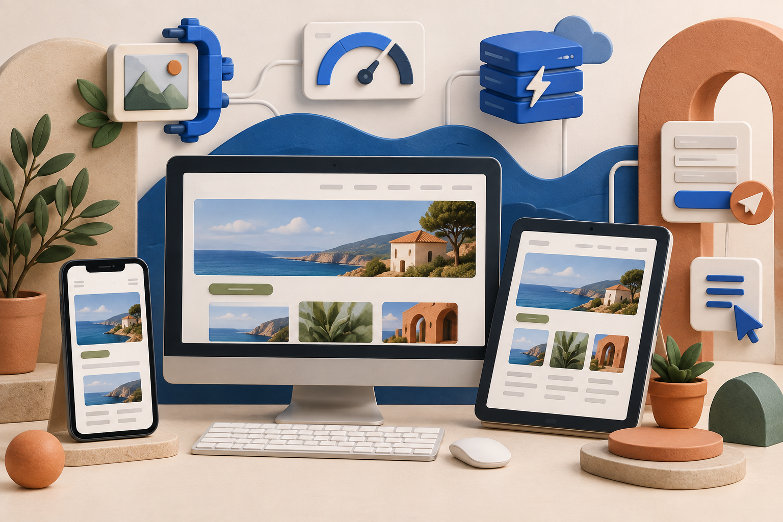Illustration of a responsive website shown across phone, tablet and desktop