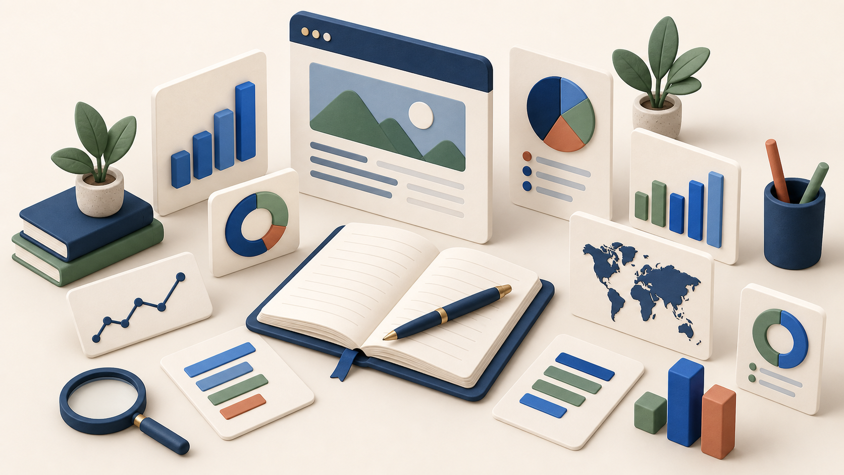 Isometric illustration of charts, a notebook, a magnifying glass and a world map representing content analytics