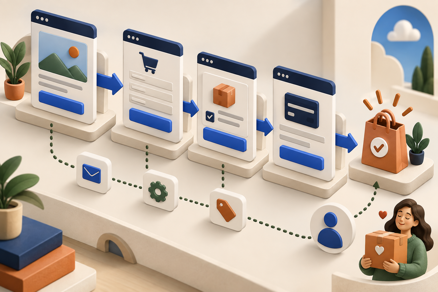 Illustration of a WooCommerce funnel moving from landing page to checkout to a completed order