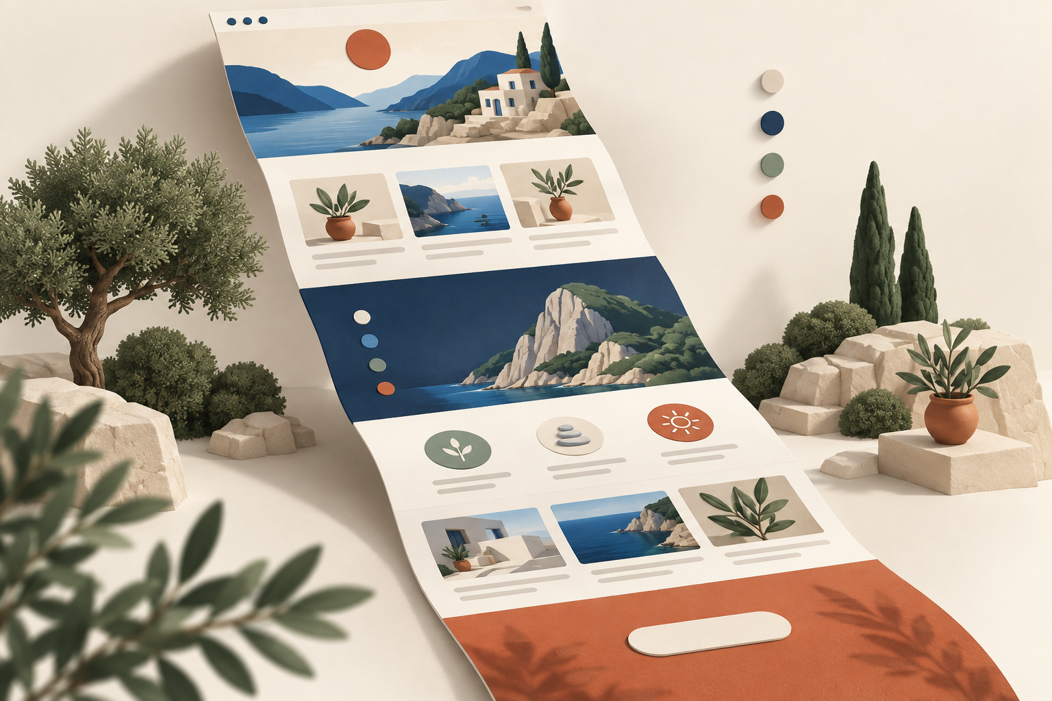 An illustrated one-page website layout unrolled across a minimal landscape